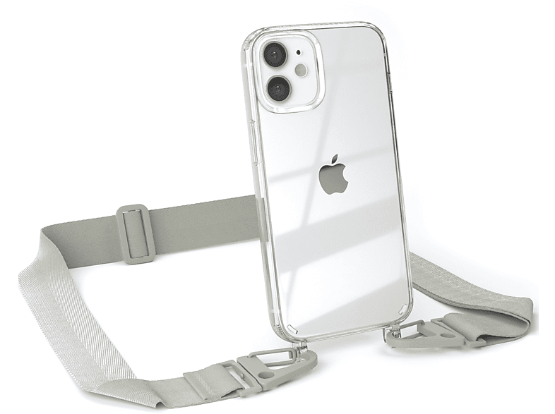 EAZY CASE Transparente Handyhülle mit Karabiner, breiter Umhängetasche, / Mini, Beige Grau Taupe Apple, + 12 iPhone Kordel