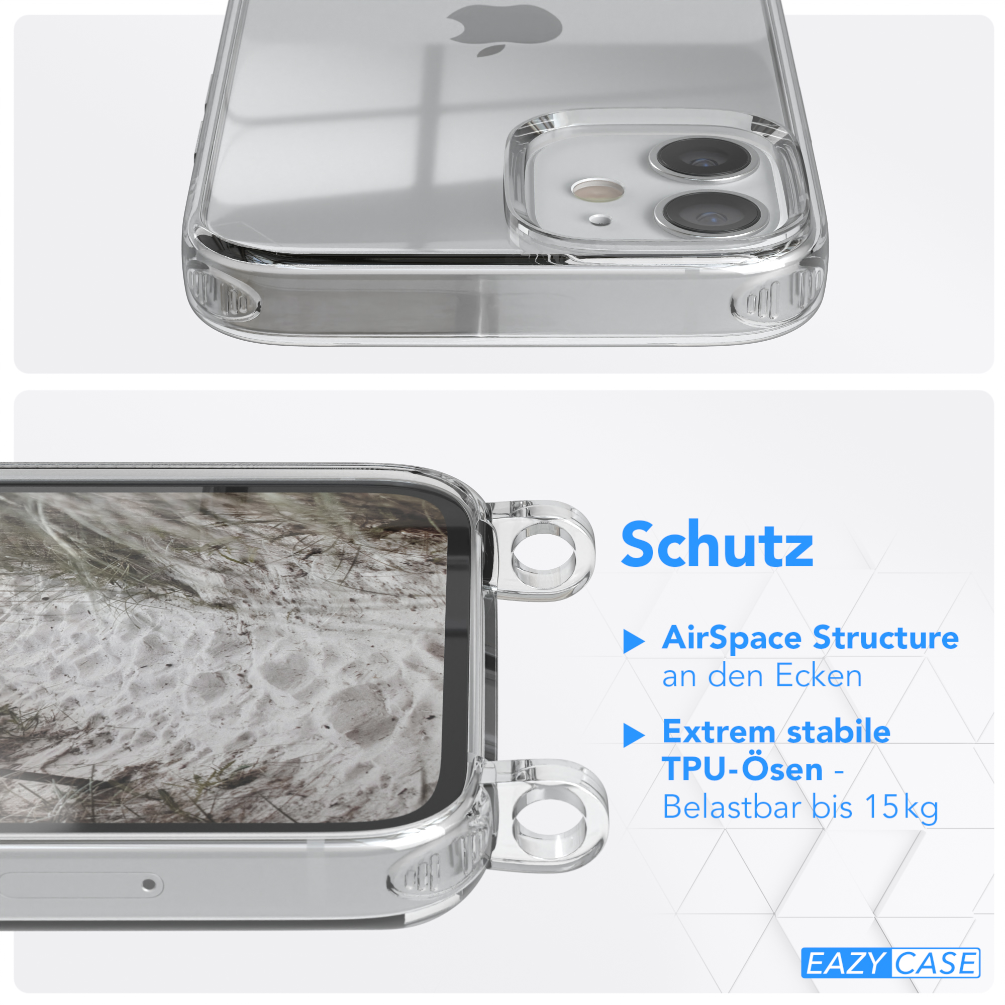 EAZY CASE Transparente Handyhülle mit / Mini, iPhone 12 Taupe Apple, Kordel breiter Grau Umhängetasche, Karabiner, Beige 