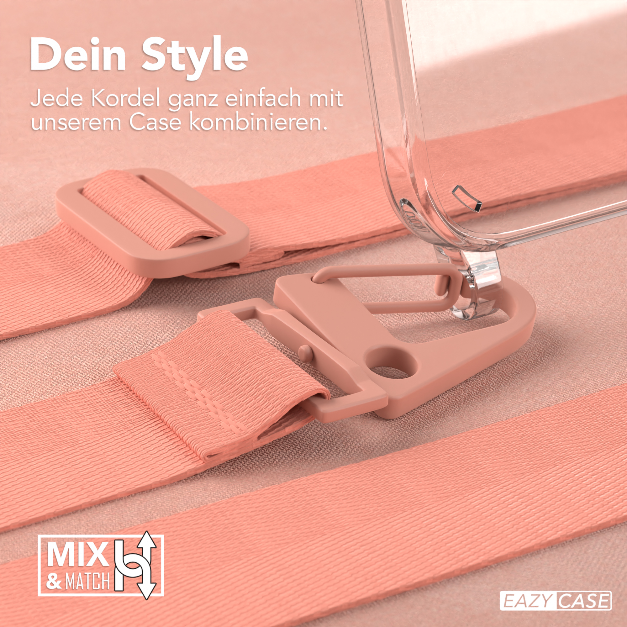 Nahaufnahme eines Telefonriemens und seiner Komponenten in Rosa. Der Riemen ist mit einer Handyhülle verbunden.