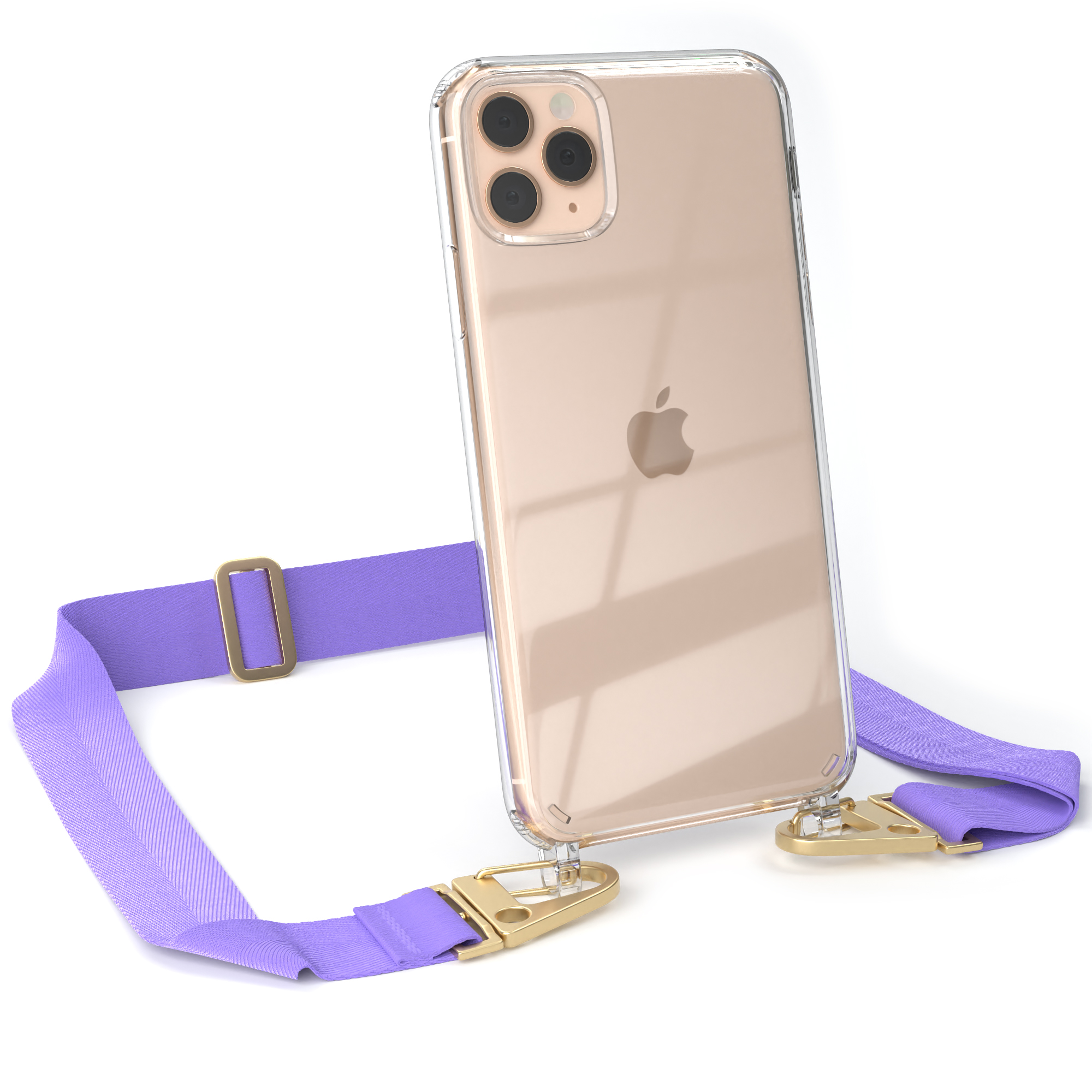 iPhone in klarer Hülle mit lila Riemen und Golddetails.