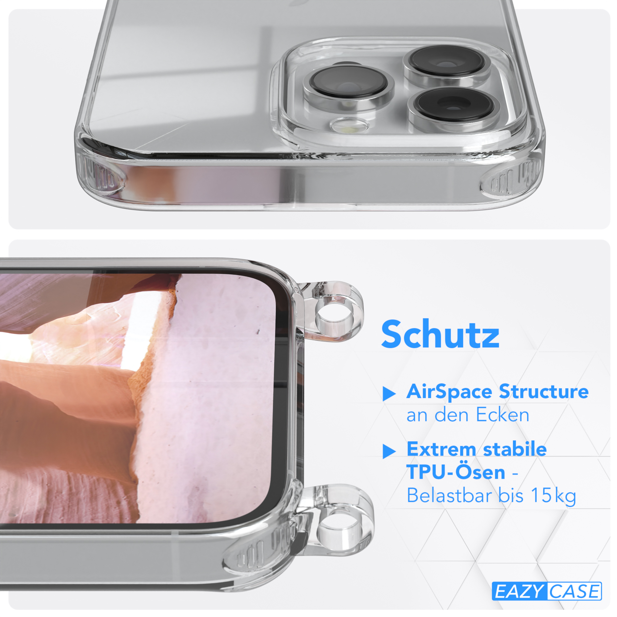 Transparente Handyhülle, Nahaufnahme der Ecke mit AirSpace Struktur und TPU-Ösen. Weißer Hintergrund.
