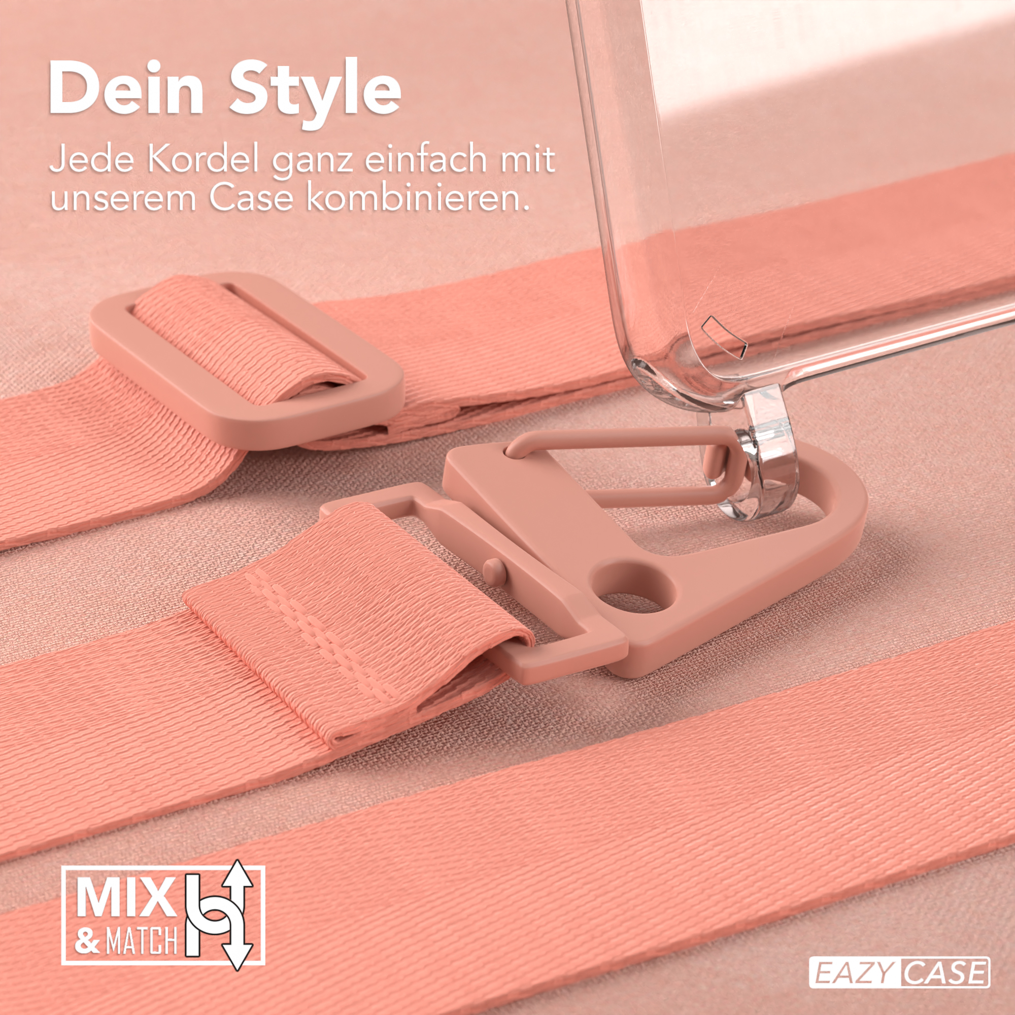Nahaufnahme von rosa Riemen und einer transparenten Handyhülle mit rosa Verbinder.