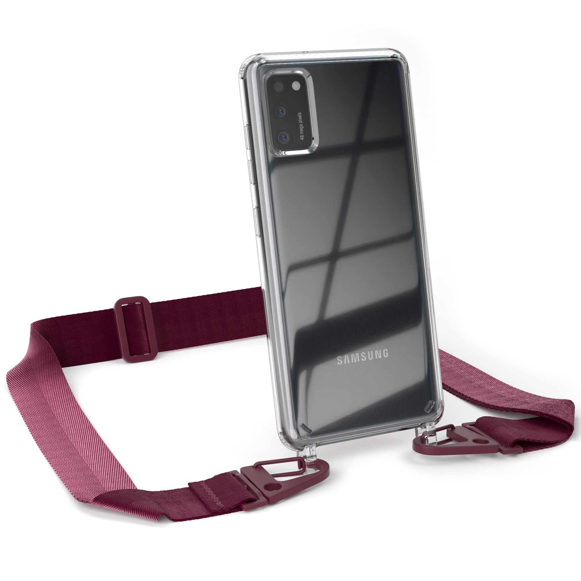 EAZY mit Umhängetasche, / A41, breiter + Transparente Handyhülle Samsung, Rot CASE Karabiner, Galaxy Burgundy Kordel Beere