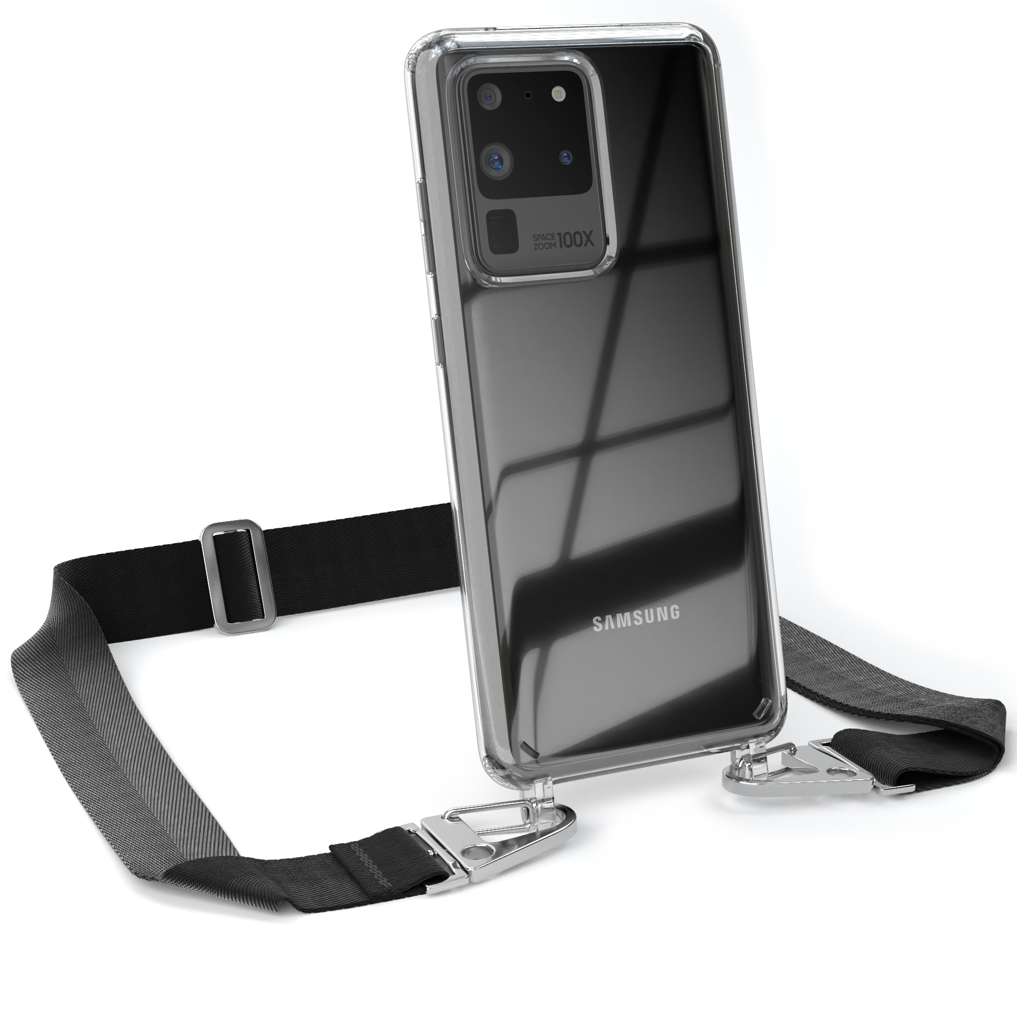 Transparente Handyhülle mit schwarzem Band und einem Samsung-Handy darin.