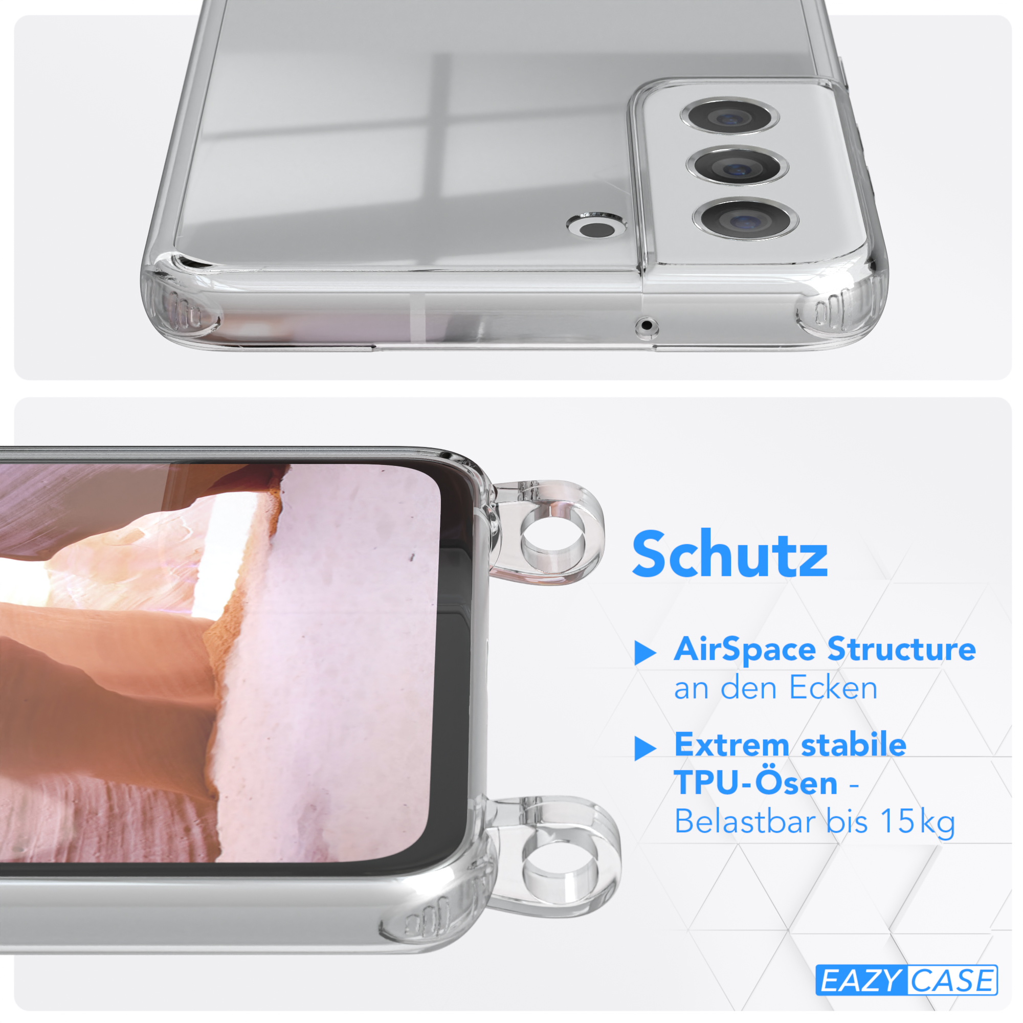 Transparente Handyhülle. Text: AirSpace Structure, TPU-Ösen, belastbar 15kg. Telefon ist im Case.