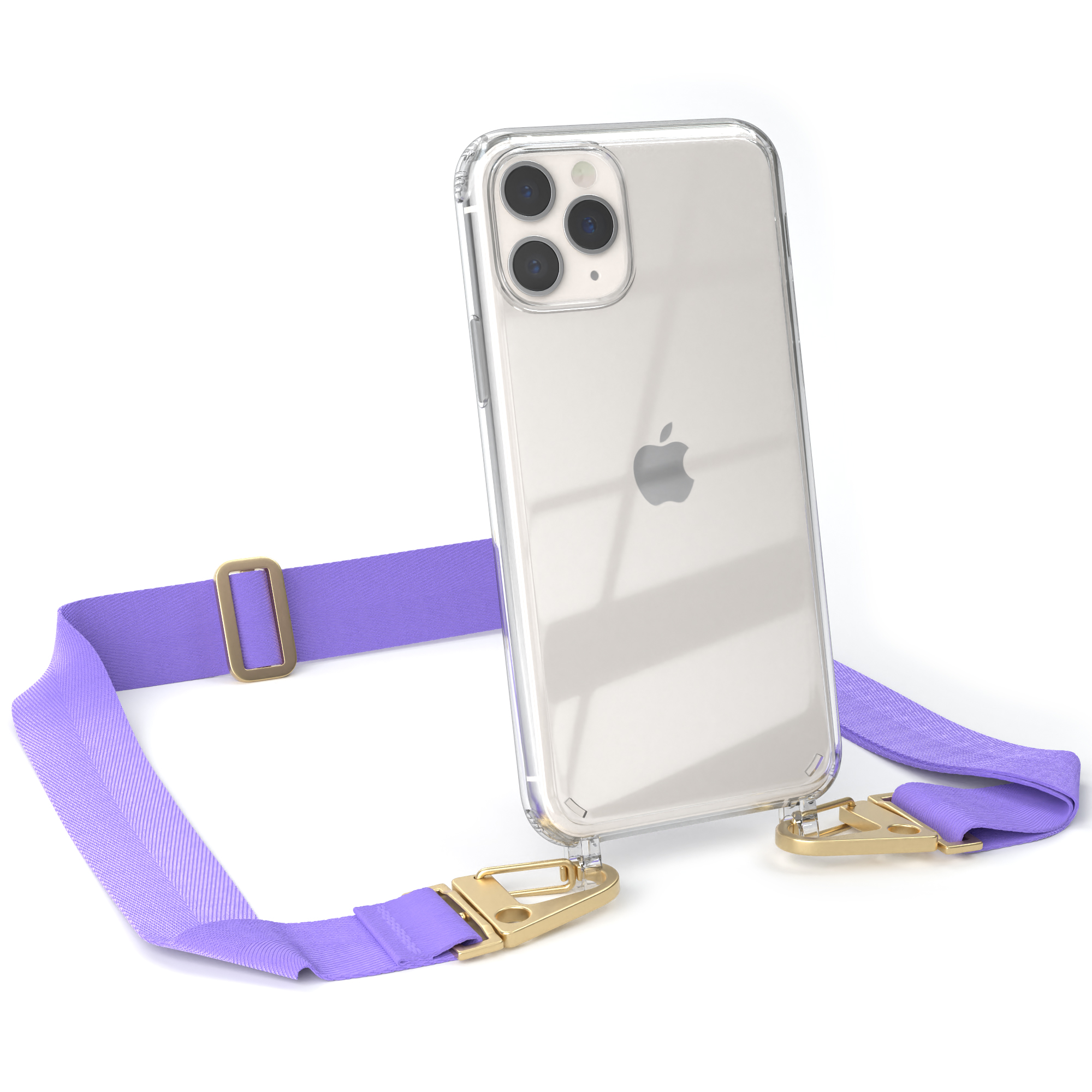 CASE + Apple, Flieder Umhängetasche, Kordel EAZY Gold / mit Karabiner, Handyhülle 11 Pro, Transparente iPhone breiter