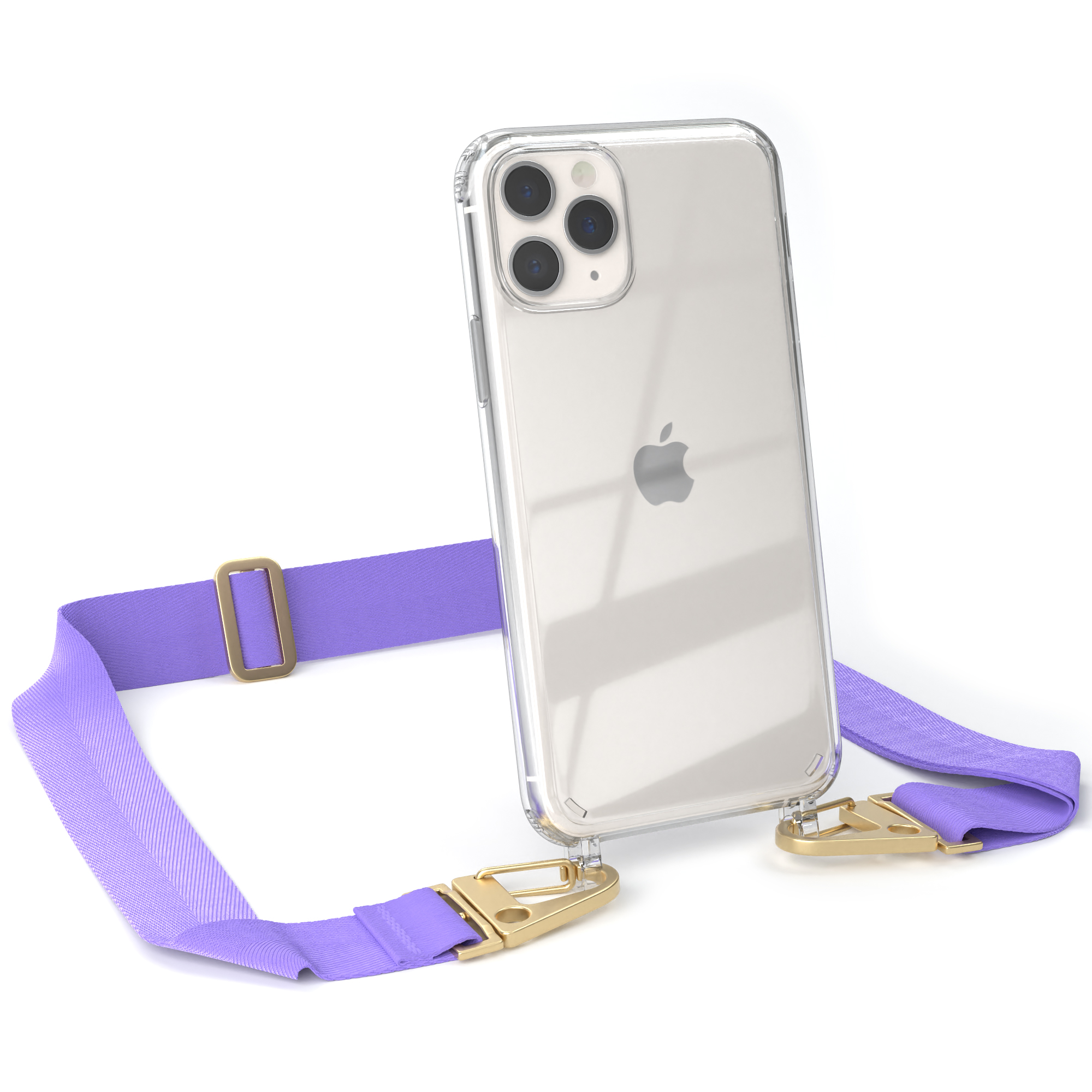 Eine transparente Handyhülle mit einem lila Umhängeband, an einem Apple iPhone befestigt.