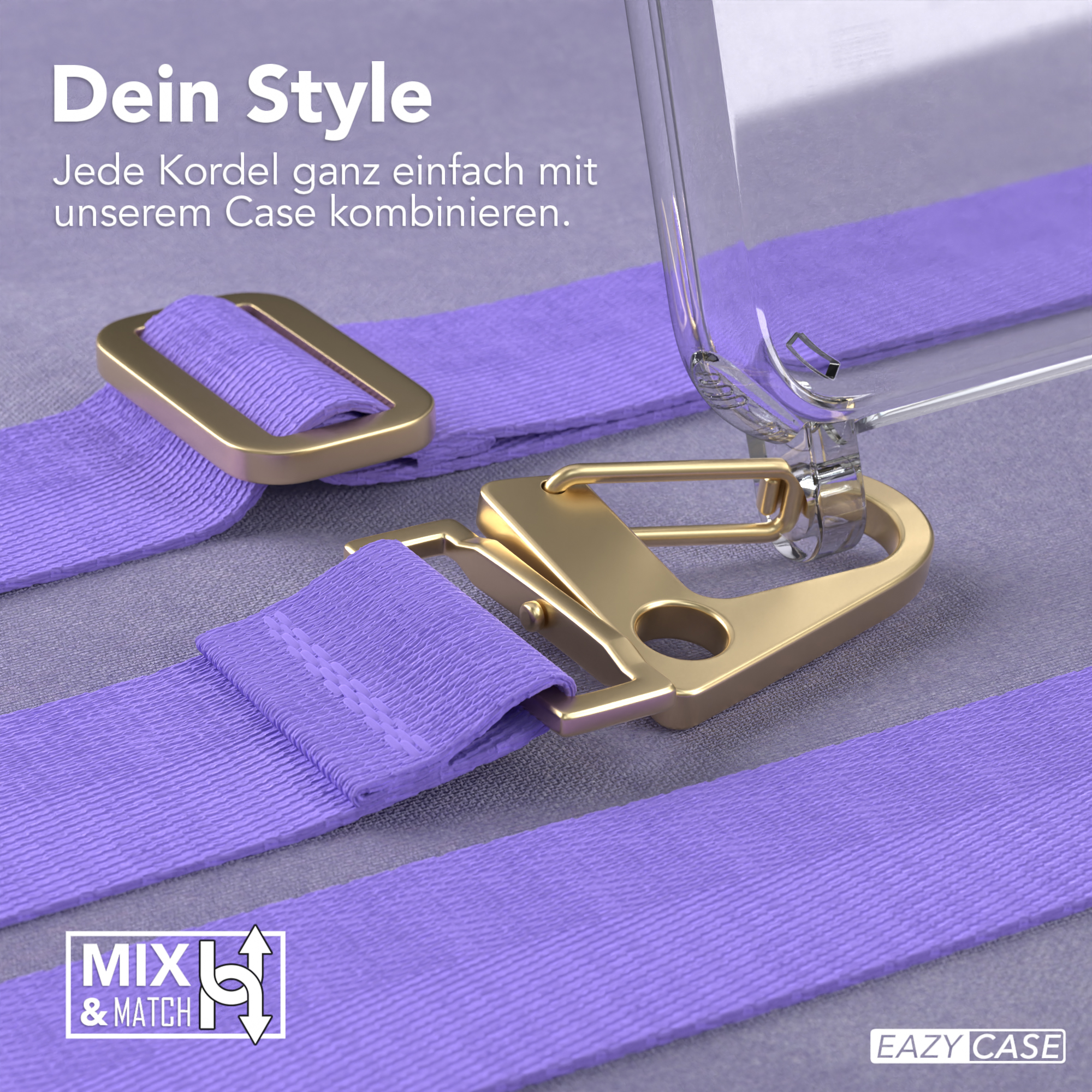 Nahaufnahme von Handyhülle, Riemen und Verschluss auf lilafarbenem Stoff, mit Logo.