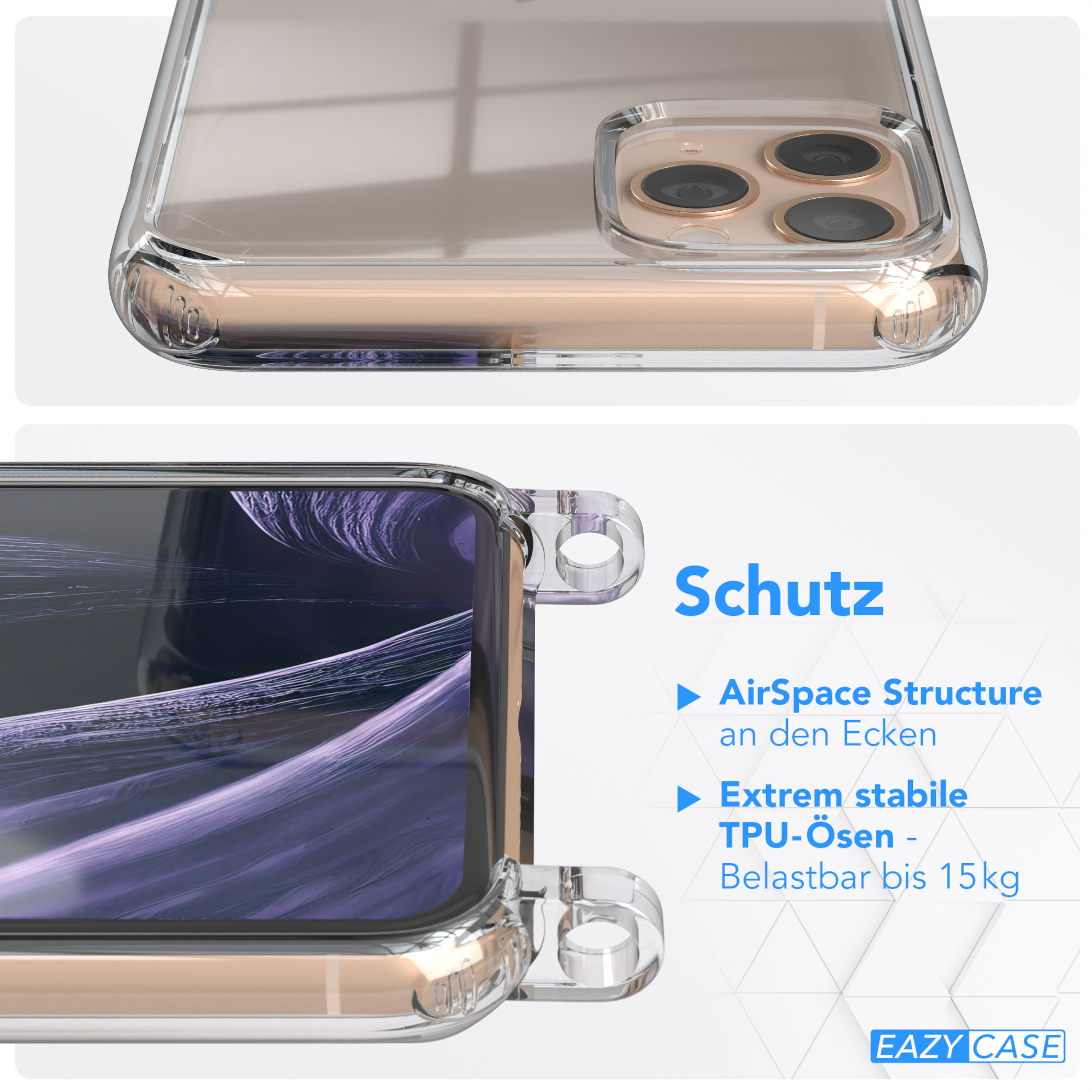 Eine Handyhülle mit transparentem Rücken zeigt Telefonschutzfunktionen und das Eazy Case Logo.