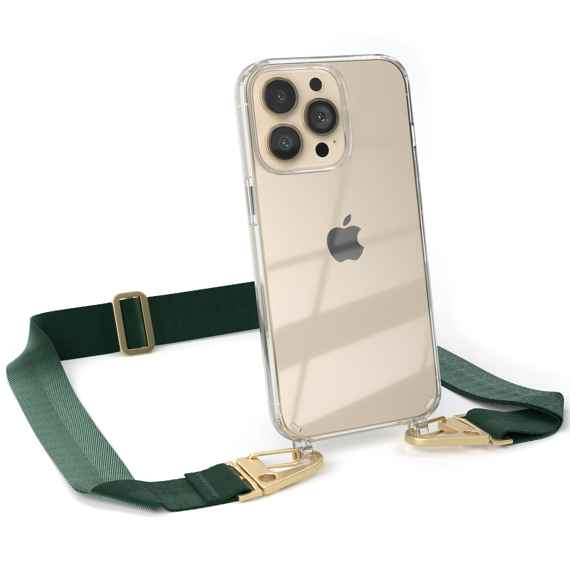 Eine transparente Handyhülle mit einem grünen Umhängeband, an einem Apple iPhone befestigt.