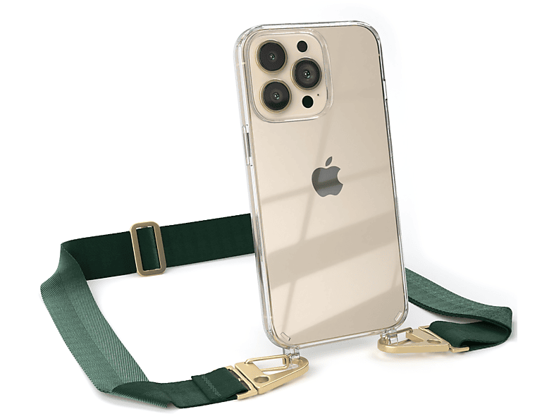 EAZY CASE Transparente Handyhülle mit breiter Kordel + Karabiner, Umhängetasche, Apple, iPhone 13 Pro, Dunkel Grün / Gold