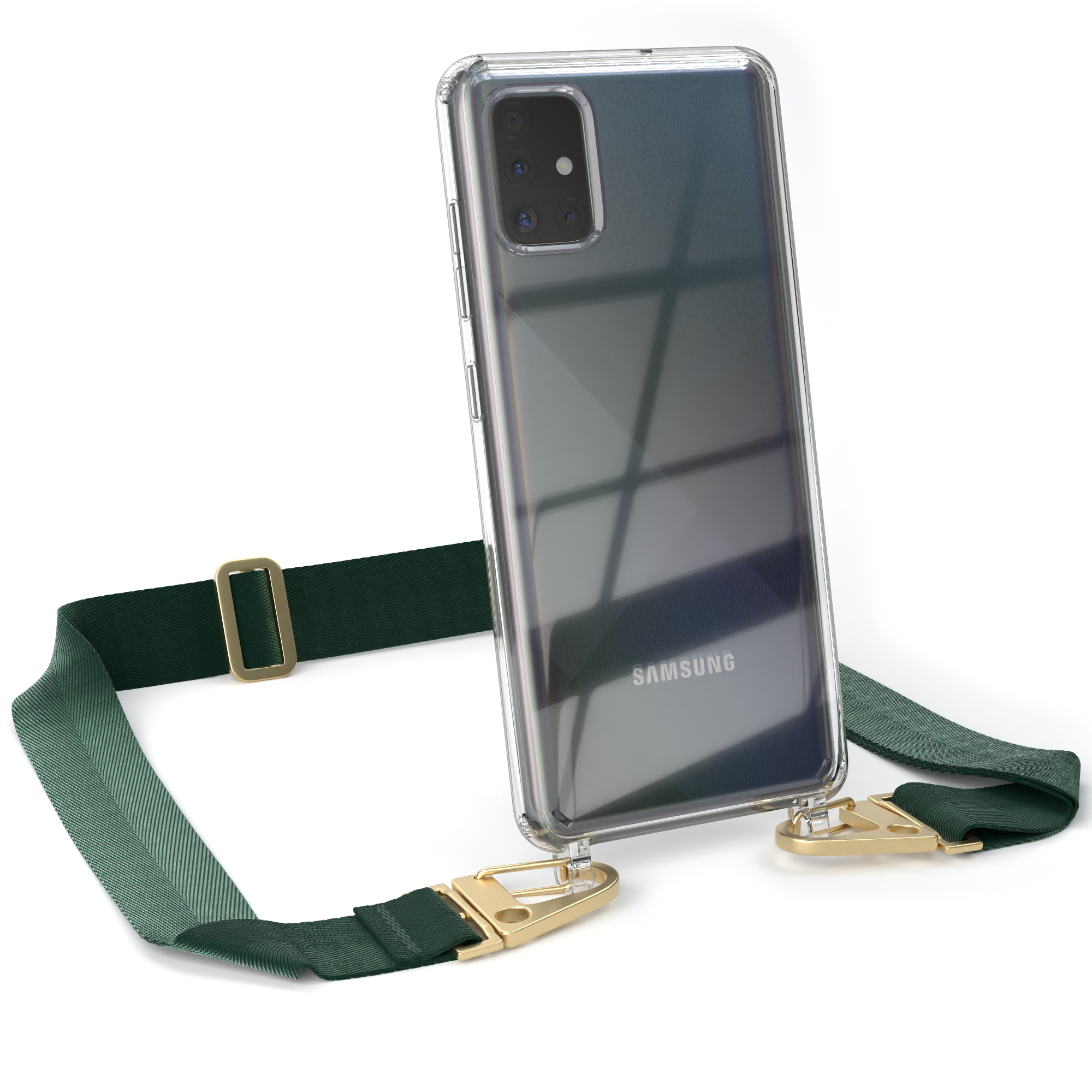 EAZY CASE Transparente Handyhülle Gold / Kordel Umhängetasche, Dunkel Galaxy Karabiner, Grün mit Samsung, breiter A51, 