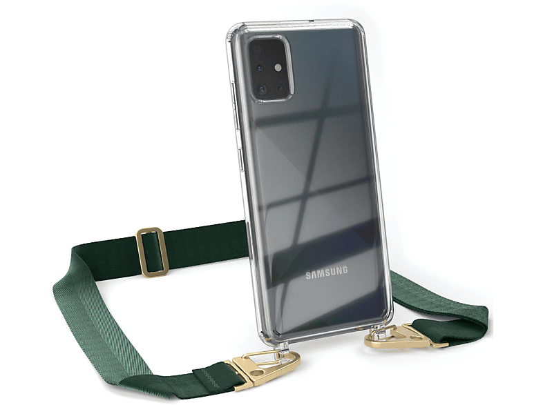 EAZY CASE Transparente Handyhülle mit breiter Kordel + Karabiner, Umhängetasche, Samsung, Galaxy A51, Dunkel Grün / Gold