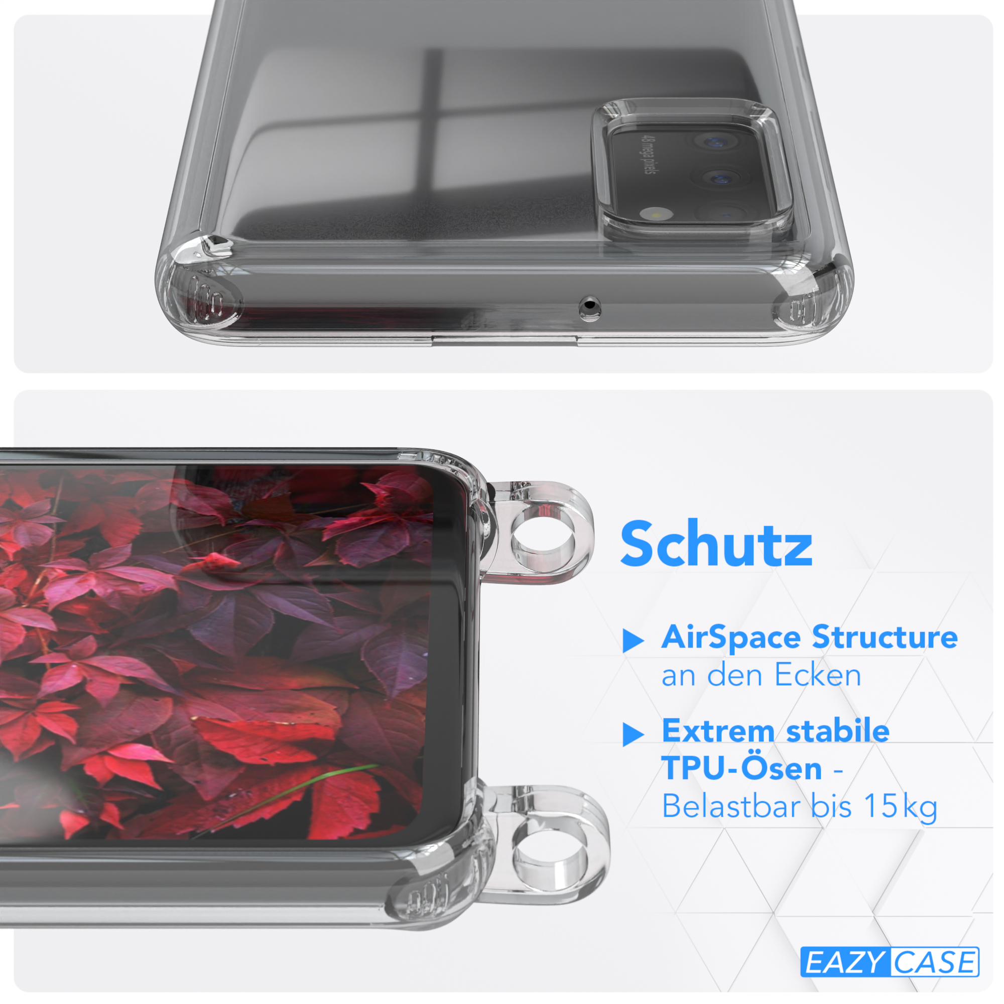 EAZY CASE Transparente + Handyhülle Samsung, A41, Beere breiter / Galaxy Umhängetasche, Burgundy Karabiner, Kordel mit Rot