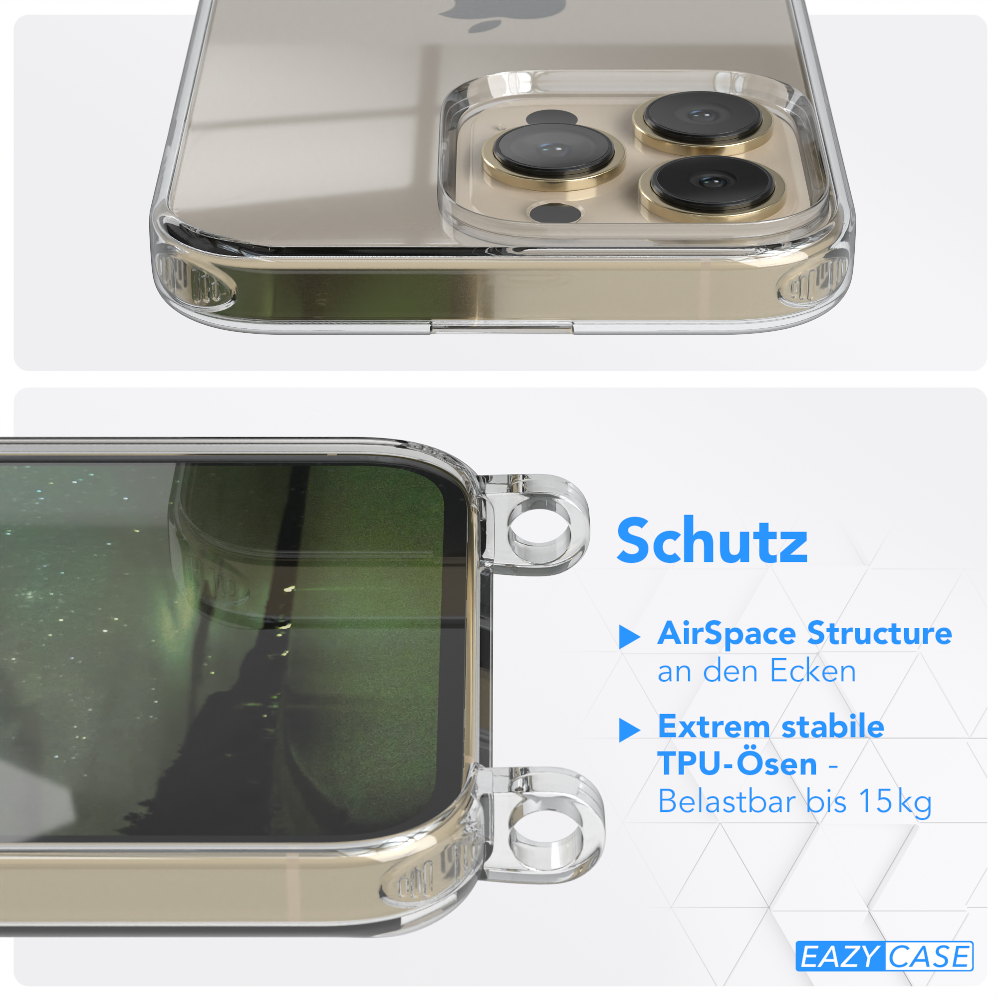 Nahaufnahme einer transparenten Handyhülle mit goldenen Rändern. Details beinhalten Schutz.