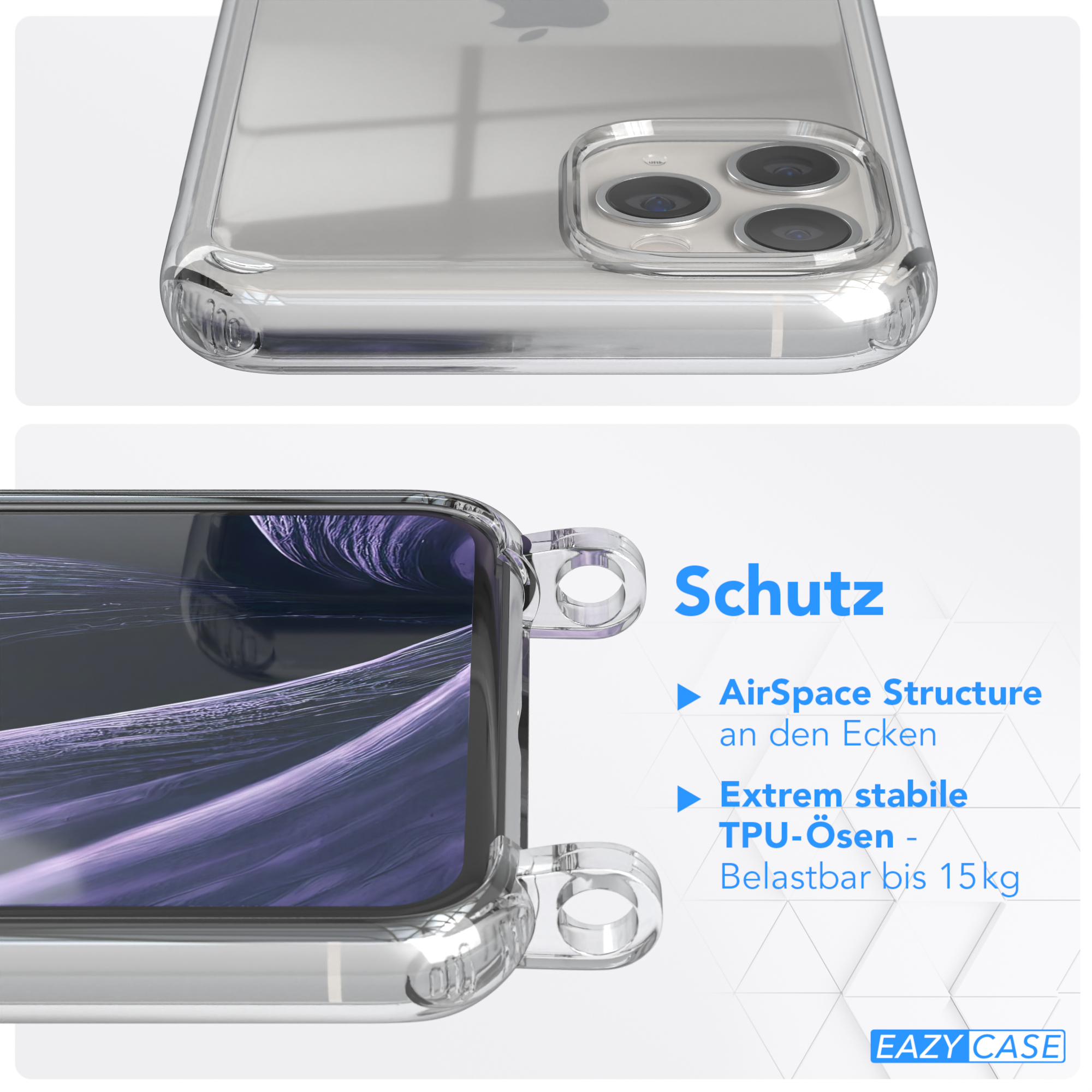 EAZY CASE Pro, Kordel Umhängetasche, Handyhülle Flieder Apple, 11 Gold / Karabiner, iPhone Transparente + mit breiter
