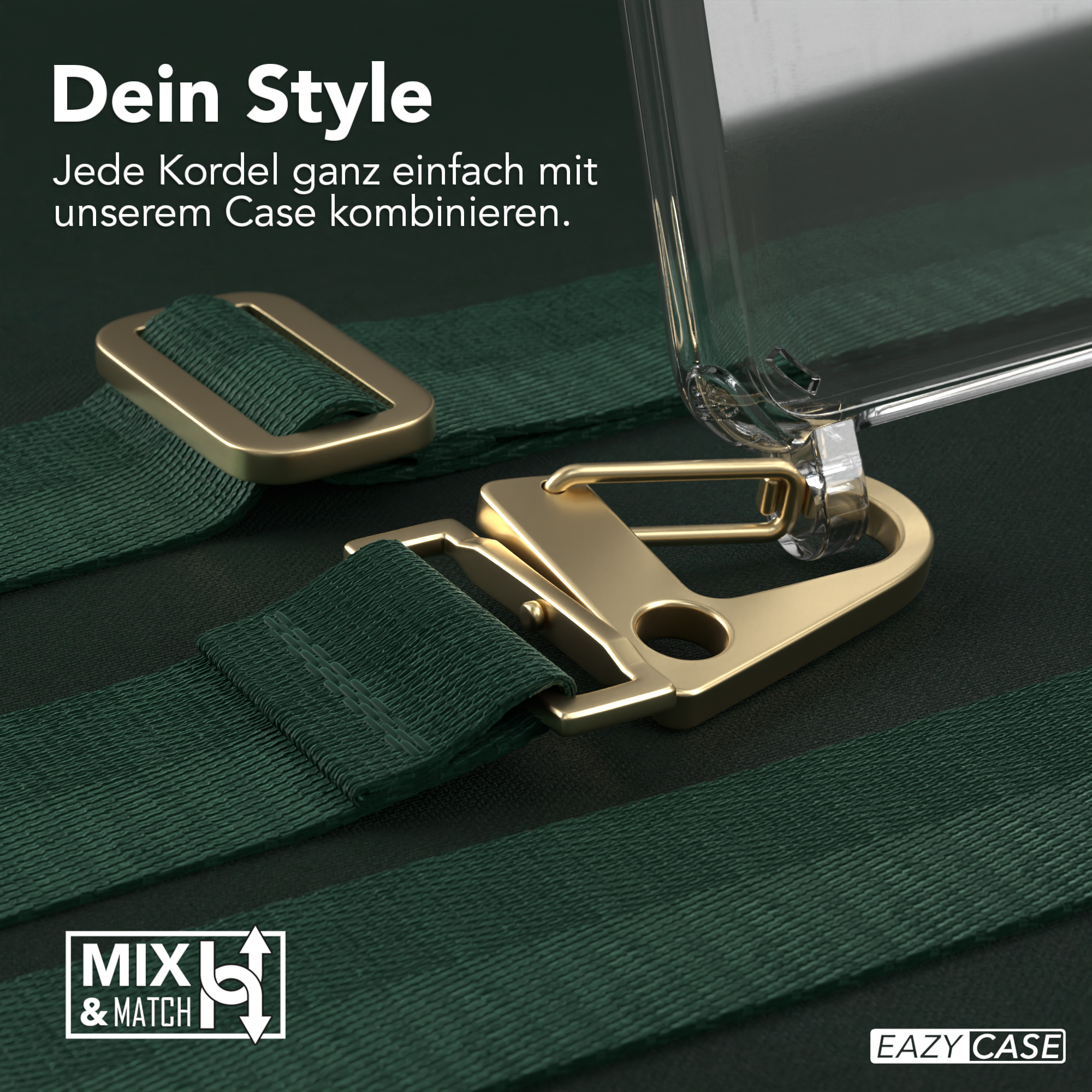Handyhülle mit grünem Riemen und goldener Hardware. Die Hülle ist transparent. Text: 'Dein Style'.