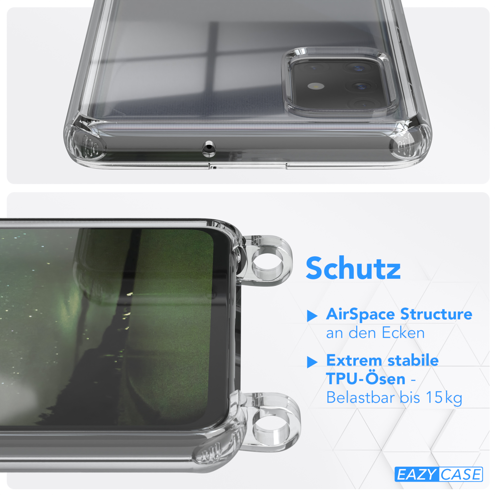 Eine transparente Handyhülle mit Text, die ein Telefon zeigt. Text sagt 'Schutz' und Eigenschaften, mit klarem Hintergrund.