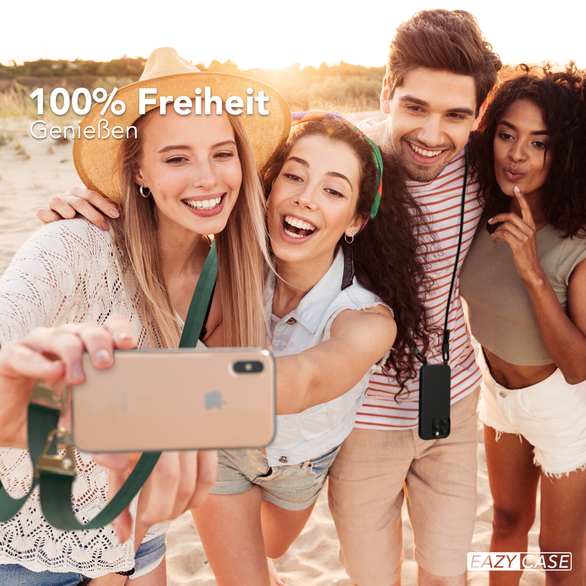 Gruppe von Leuten macht Selfie mit Telefon. Text: '100% Freiheit'.