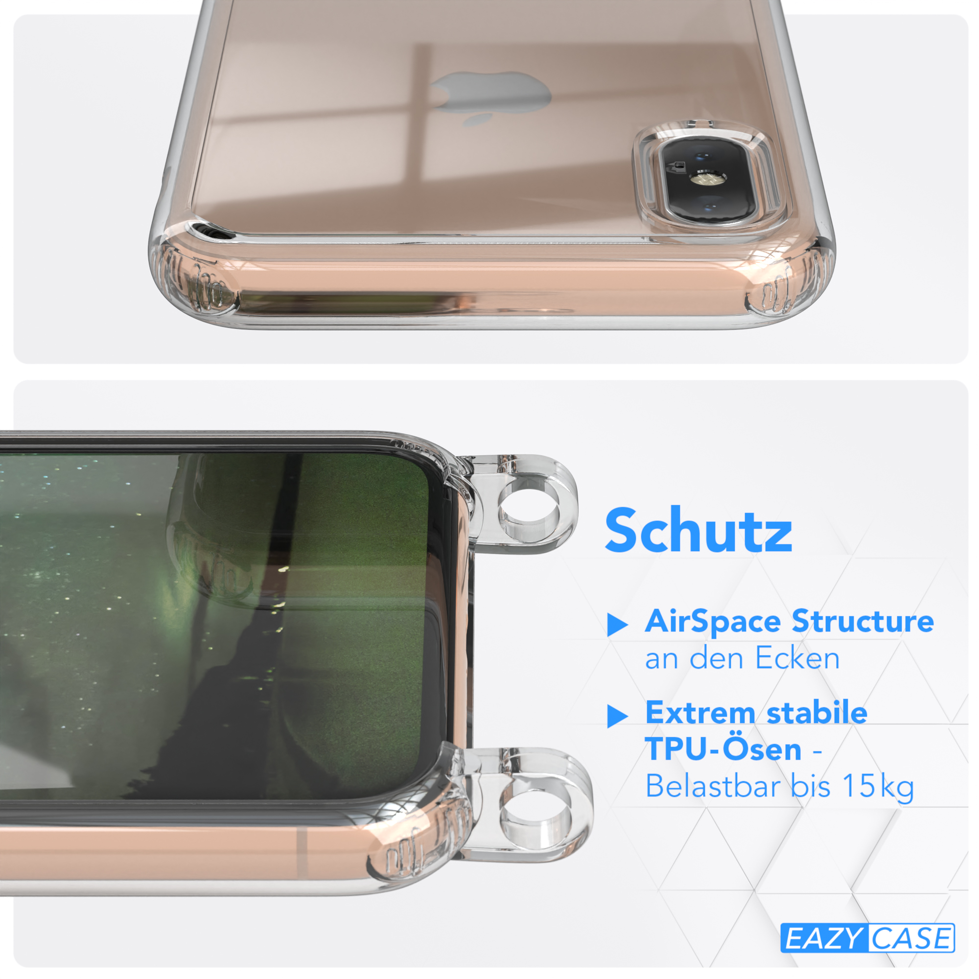 EAZY CASE X Handyhülle Dunkel / + iPhone / XS, Apple, Kordel Transparente Karabiner, Umhängetasche, breiter Gold mit Grün