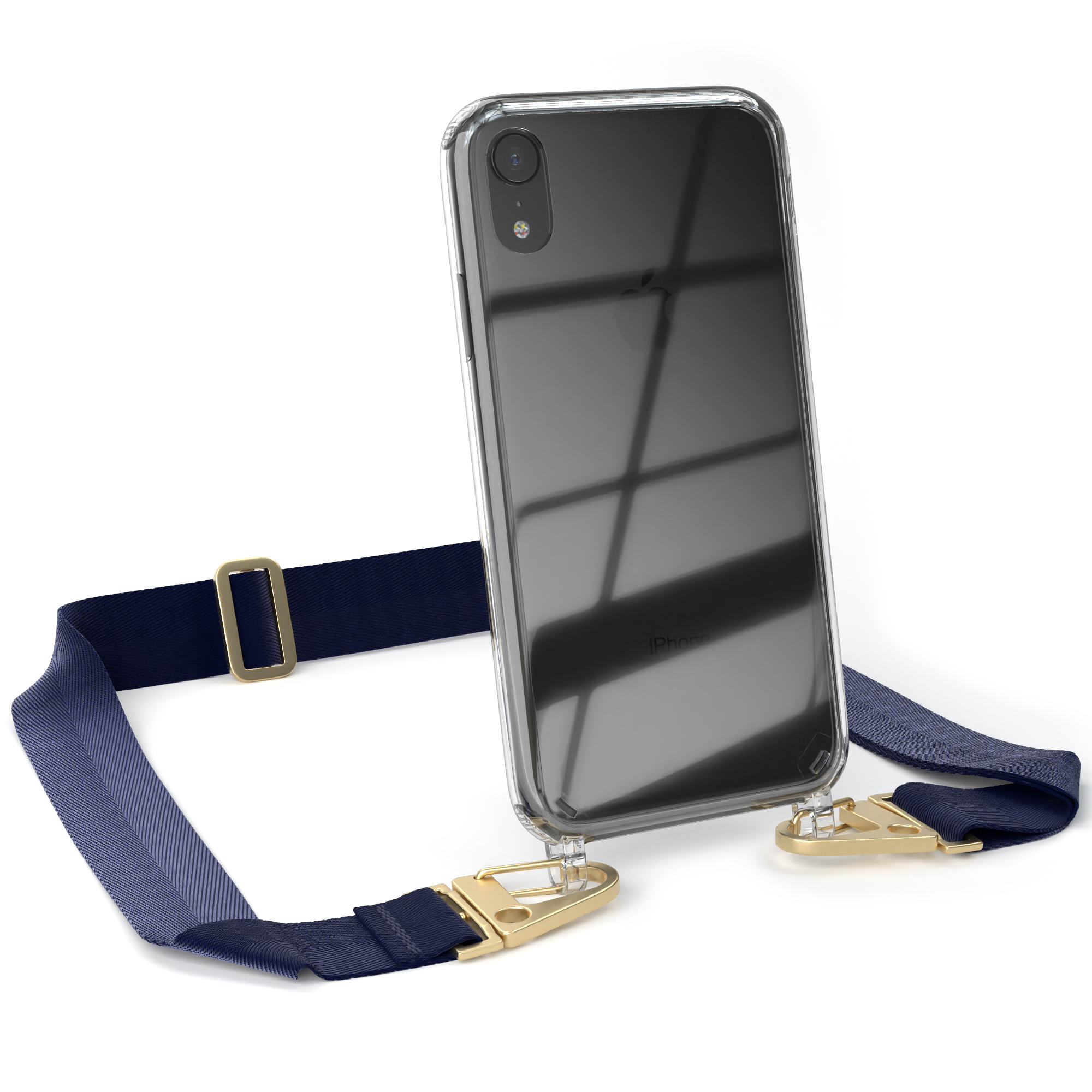 Transparente Handyhülle mit marineblauem Band, hält schwarzes Handy auf Weiß.