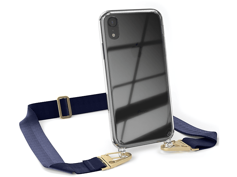 EAZY CASE Transparente Handyhülle mit breiter Kordel + Karabiner, Umhängetasche, Apple, iPhone XR, Dunkel Blau / Gold