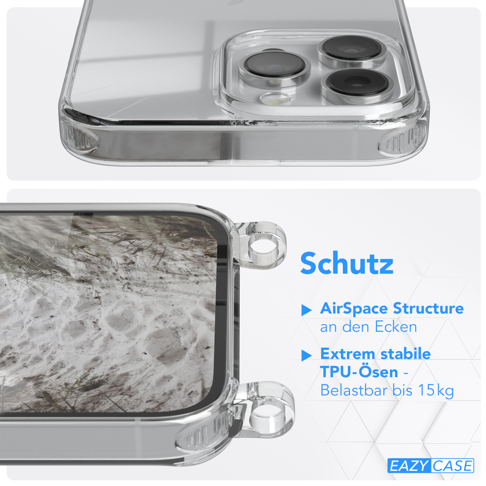 Taupe Handyhülle Pro breiter mit Beige EAZY Umhängetasche, / Max, Kordel iPhone 14 CASE Transparente Grau + Karabiner, Apple,