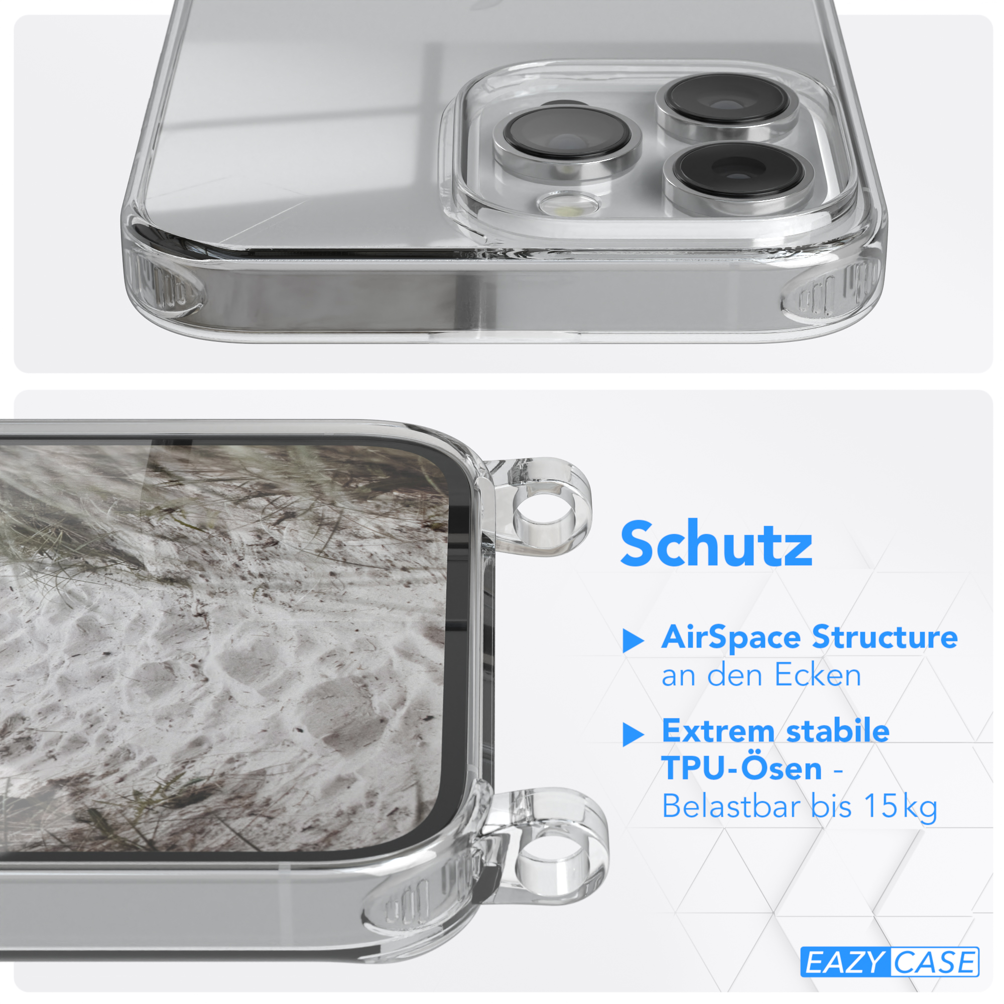 Transparente Handyhülle mit Telefon darin. Text lautet Schutz, Airspace Structure und Eazy Case.