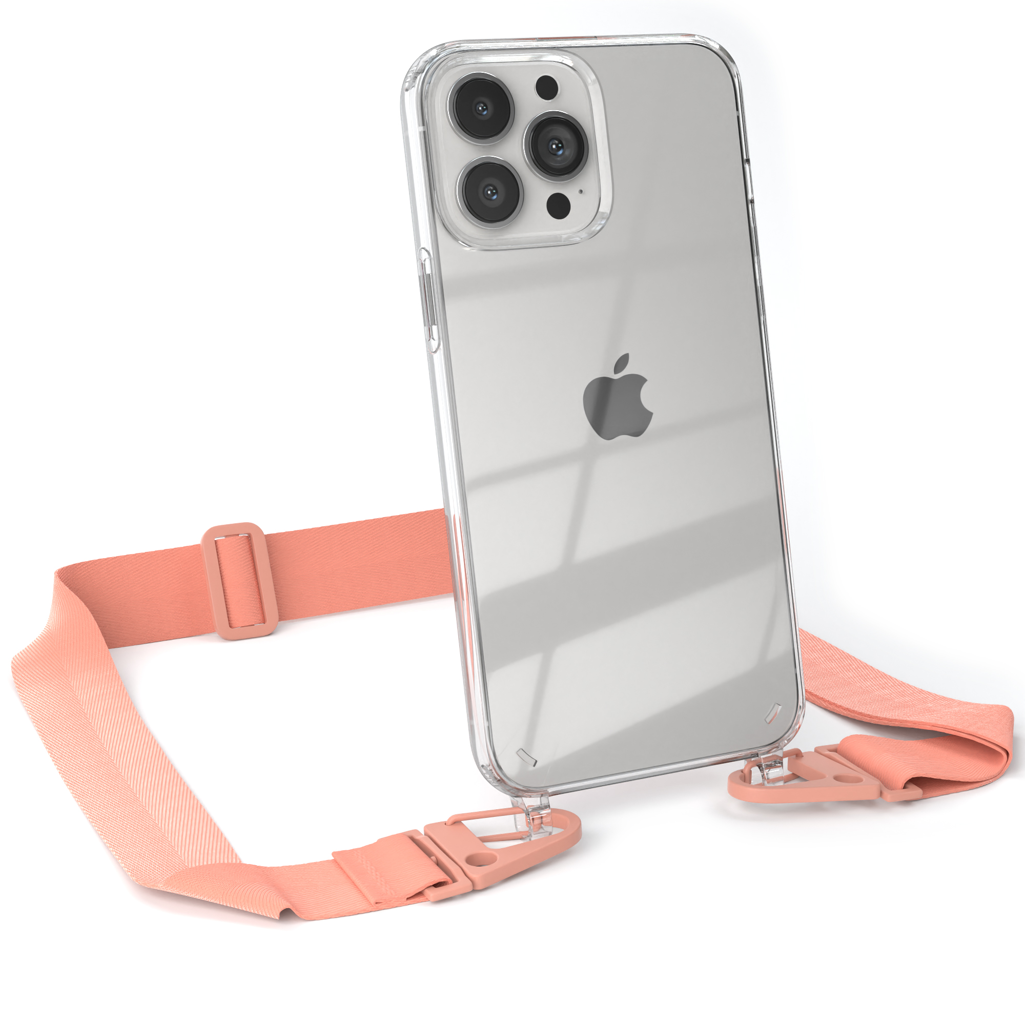 iPhone in einer transparenten Hülle mit pinkfarbenem Riemen, weißer Hintergrund. Apple-Logo sichtbar.