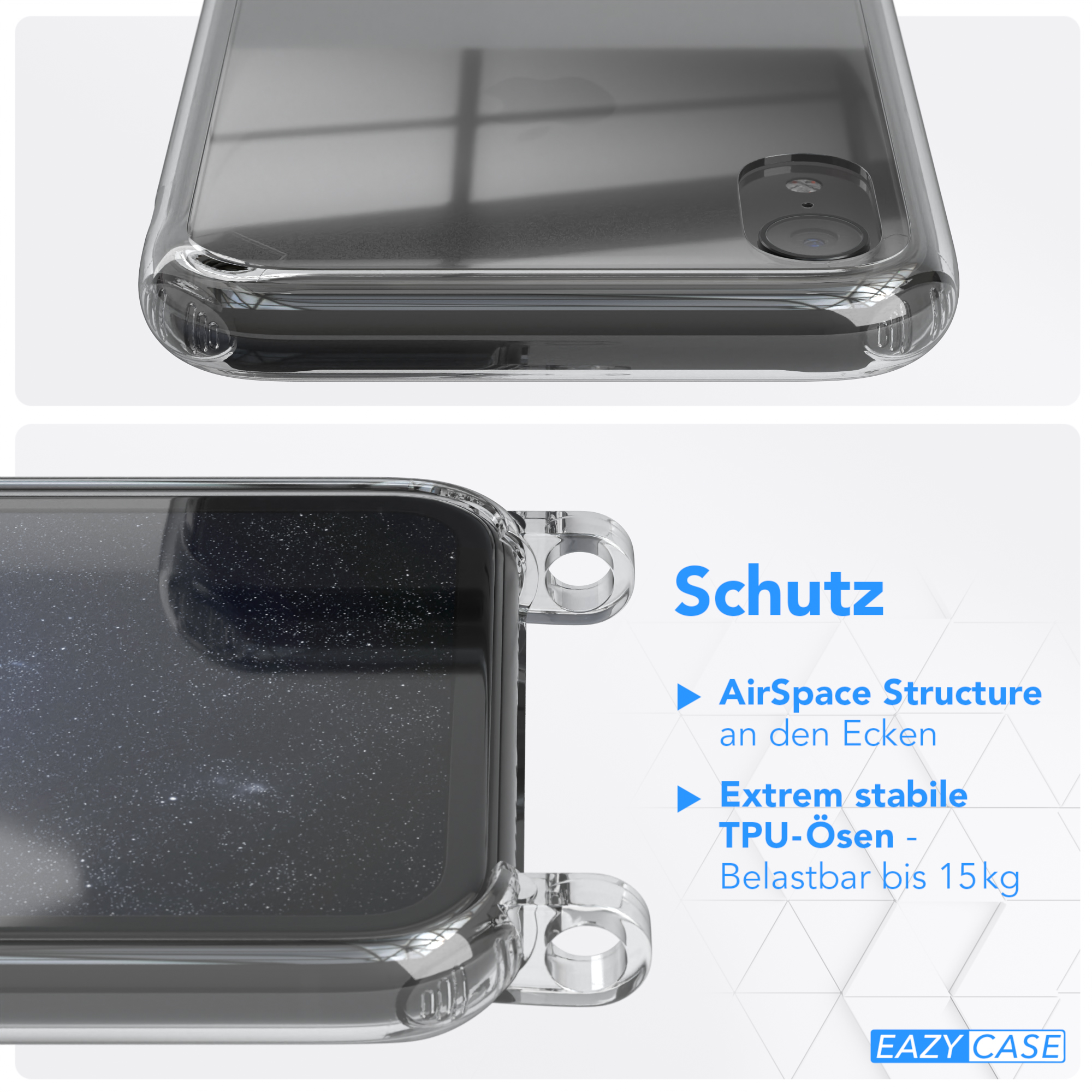 EAZY CASE Kordel Umhängetasche, Blau XR, mit Handyhülle + / Transparente breiter Karabiner, Dunkel Apple, iPhone Gold