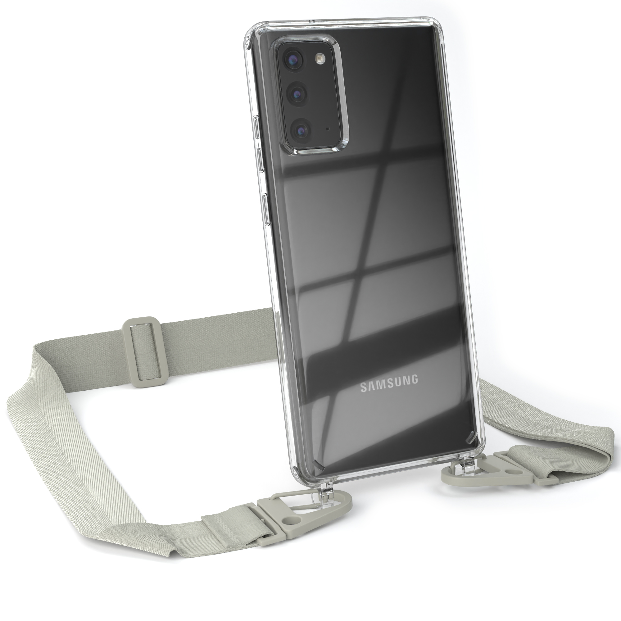 Samsung, Note Handyhülle Galaxy Kordel / EAZY + breiter Taupe 5G, mit Note Transparente CASE Karabiner, / 20 Beige 20 Umhängetasche, Grau