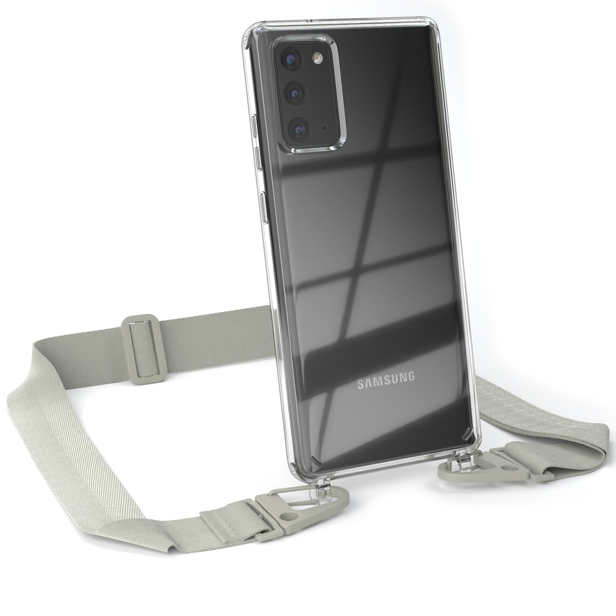 Transparente Handyhülle mit grauem Riemen. Telefon ist sichtbar. Graue Clips und Riemen.