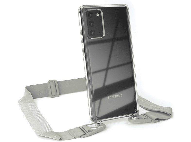 EAZY CASE Transparente Handyhülle mit breiter Kordel + Karabiner, Umhängetasche, Samsung, Galaxy Note 20 / Note 20 5G, Beige Grau / Taupe
