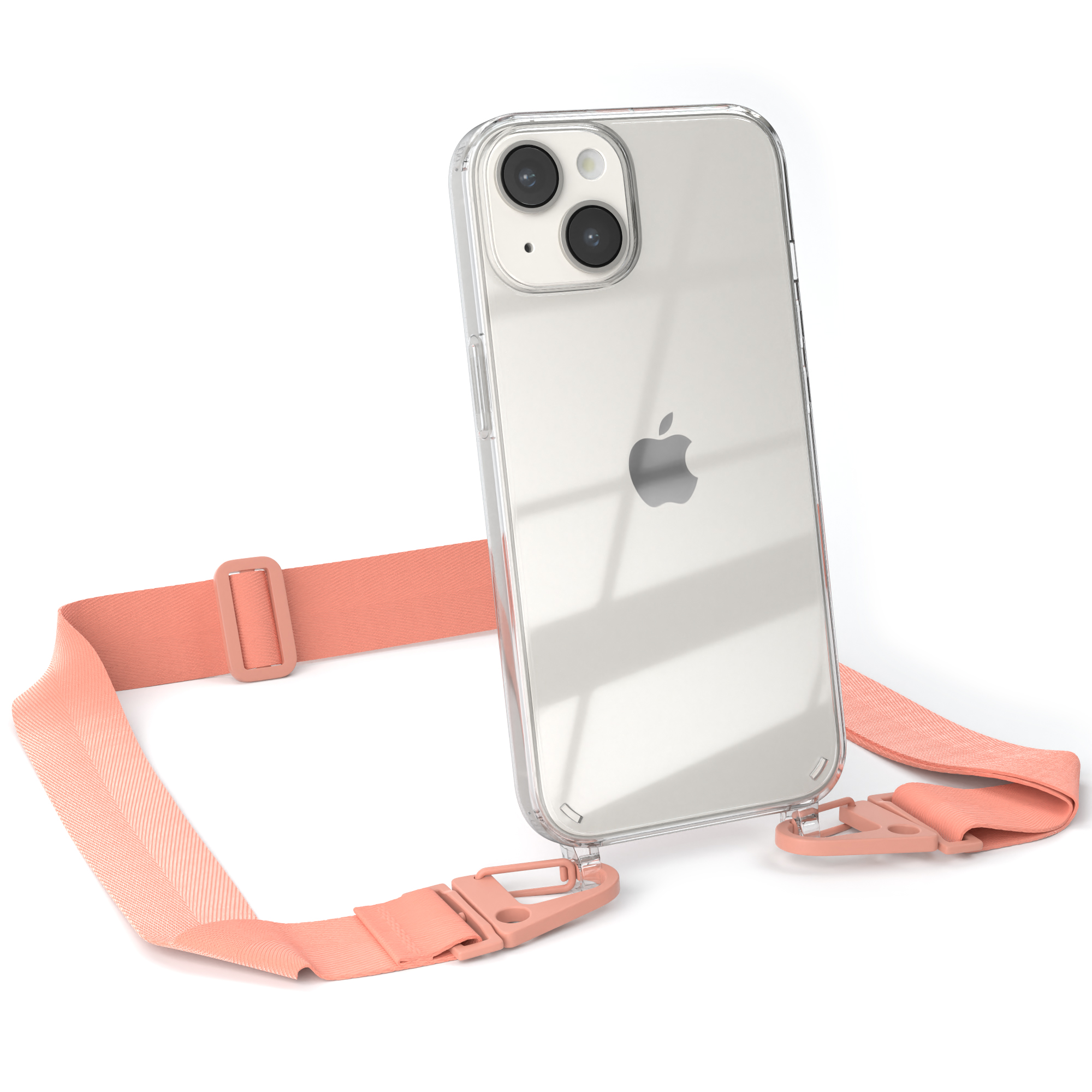 Transparente Handyhülle mit Pfirsichriemen. Ein Apple-Telefon ist mit zwei Kameras sichtbar.