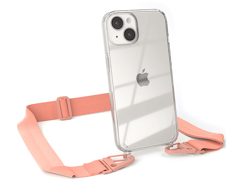 Umhängetasche, / 14, Transparente breiter + Apple, iPhone Kordel Coral EAZY Karabiner, Handyhülle Altrosa mit CASE