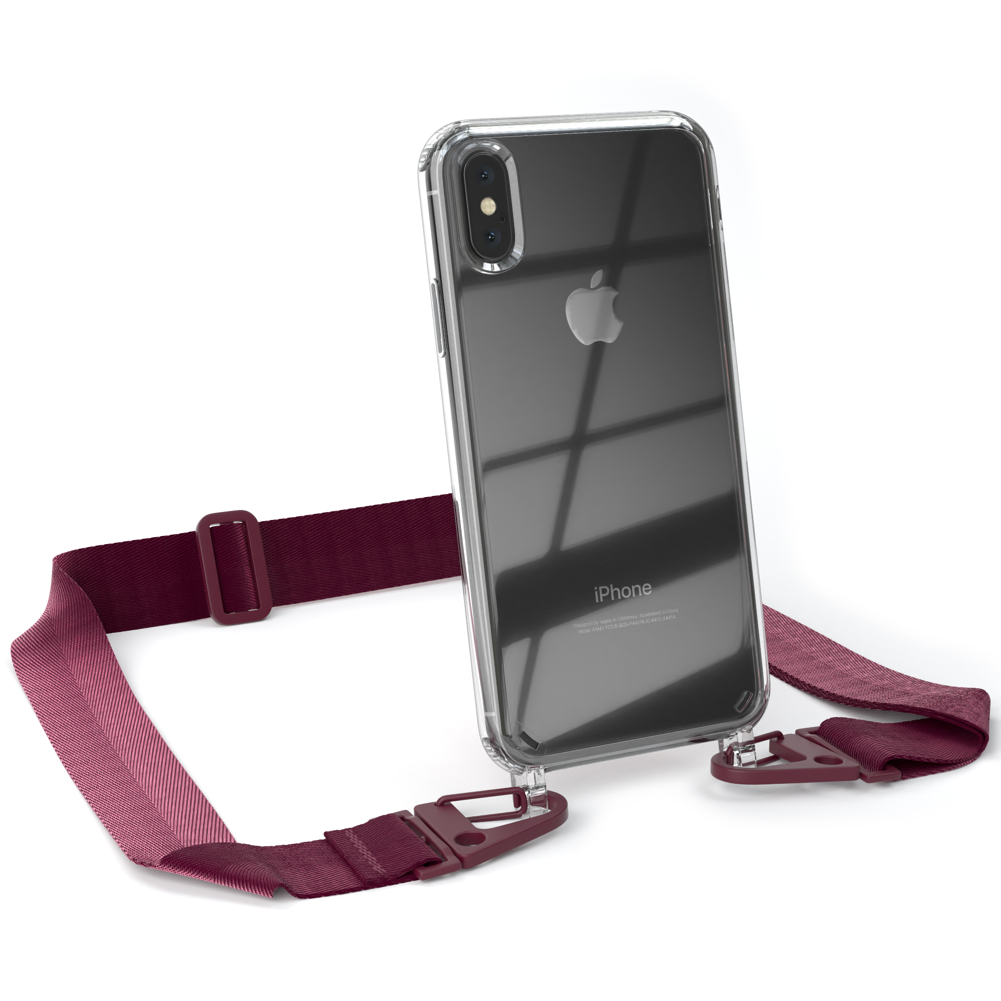 iPhone Beere / CASE / Burgundy XS, X Umhängetasche, Kordel Rot + Transparente Handyhülle Apple, EAZY breiter mit Karabiner,