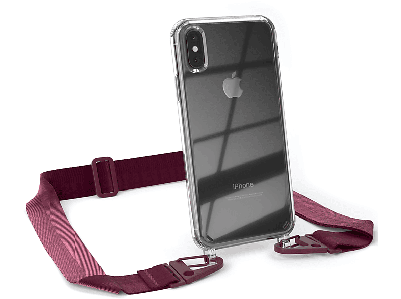 EAZY CASE Transparente Handyhülle mit breiter Kordel + Karabiner, Umhängetasche, Apple, iPhone X / XS, Rot Beere / Burgundy