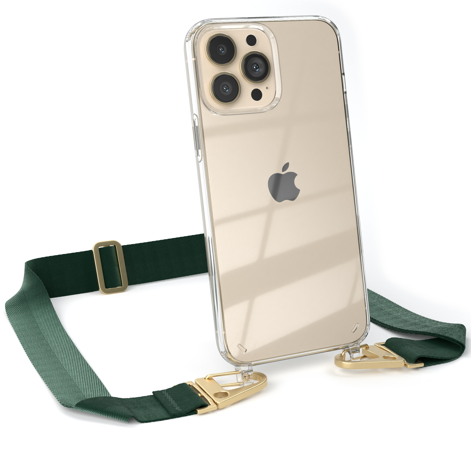 Transparente Handyhülle mit grünem Band. Goldene Hardware. Apple iPhone sichtbar.