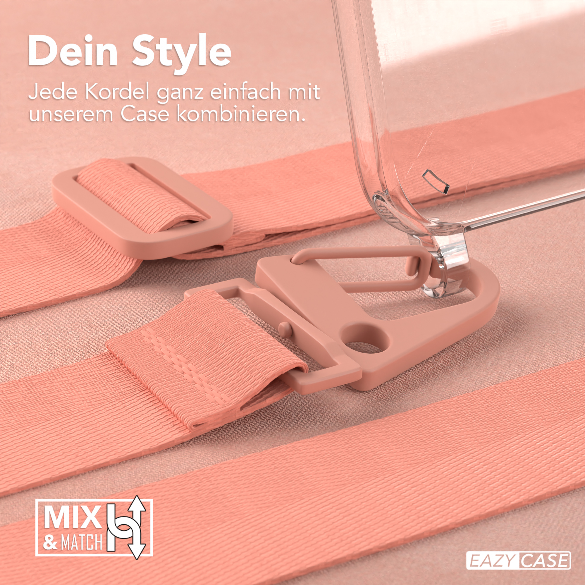 Nahaufnahme einer Handyhülle mit rosa Riemen und goldenen Verschlüssen, Mix & Match zeigend.