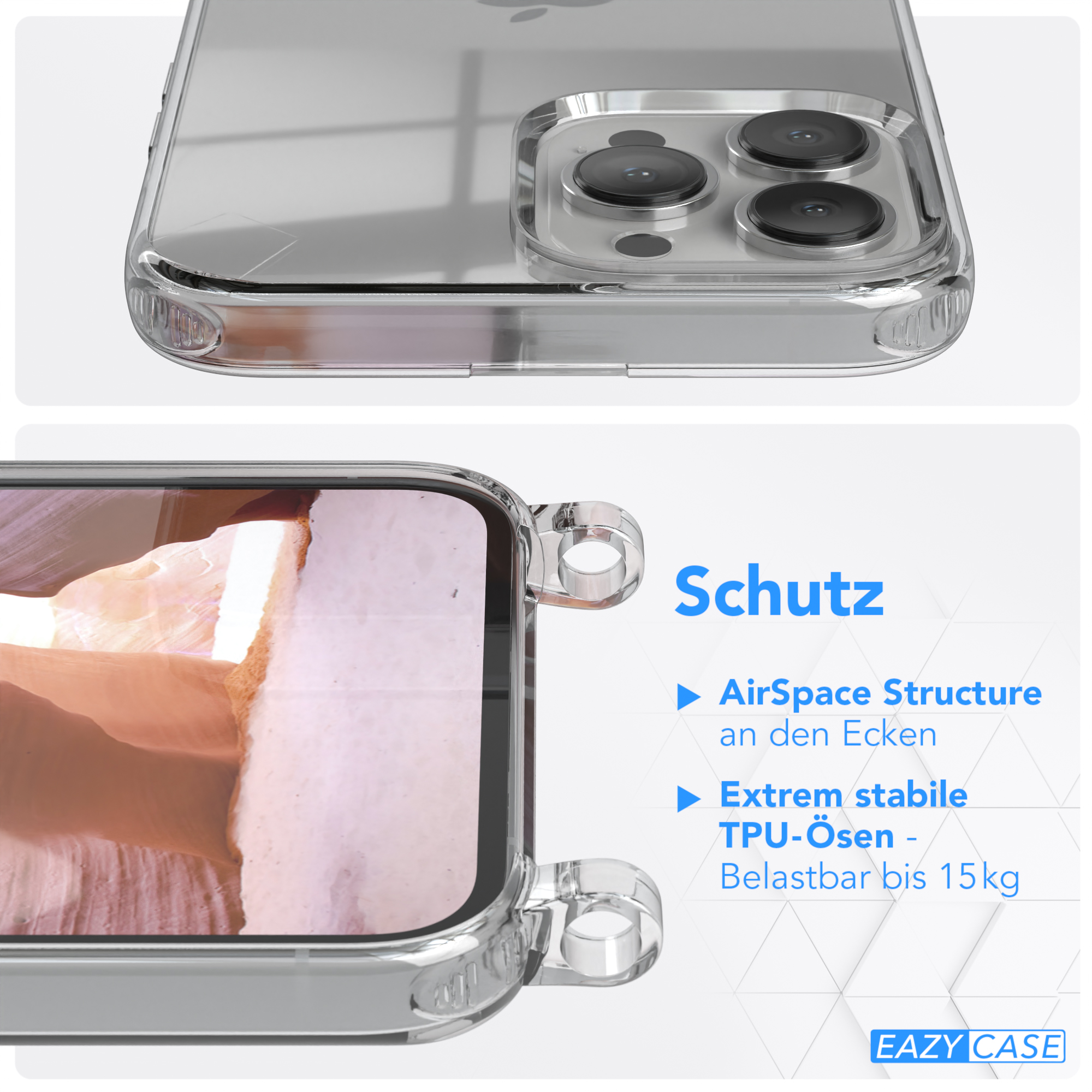 Transparente Handyhülle mit beschriebenen Eigenschaften. Text: Schutz, AirSpace Structure, TPU-ösen.