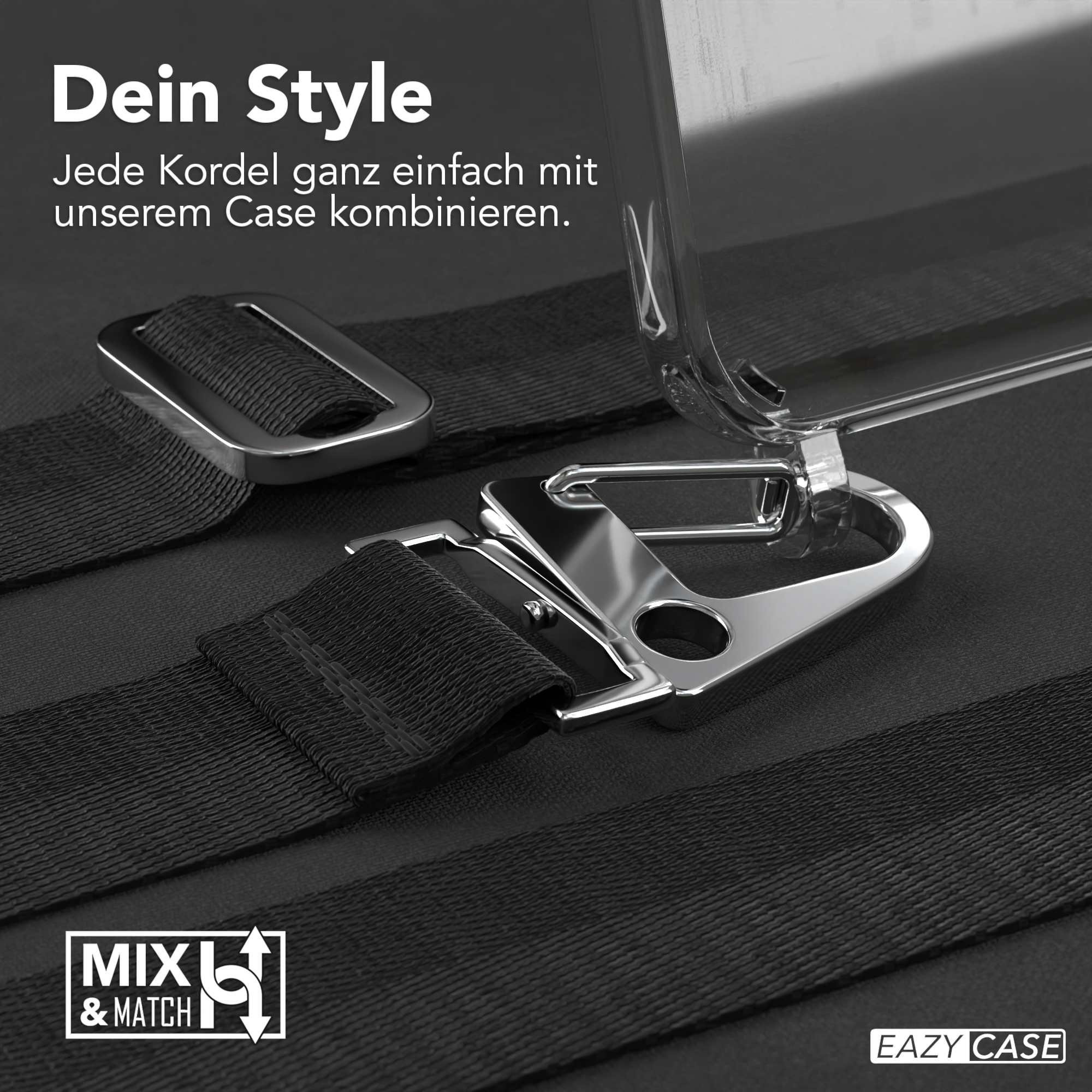 Nahaufnahme einer Handyhülle mit Bandbefestigung. Das Band selbst ist schwarz.