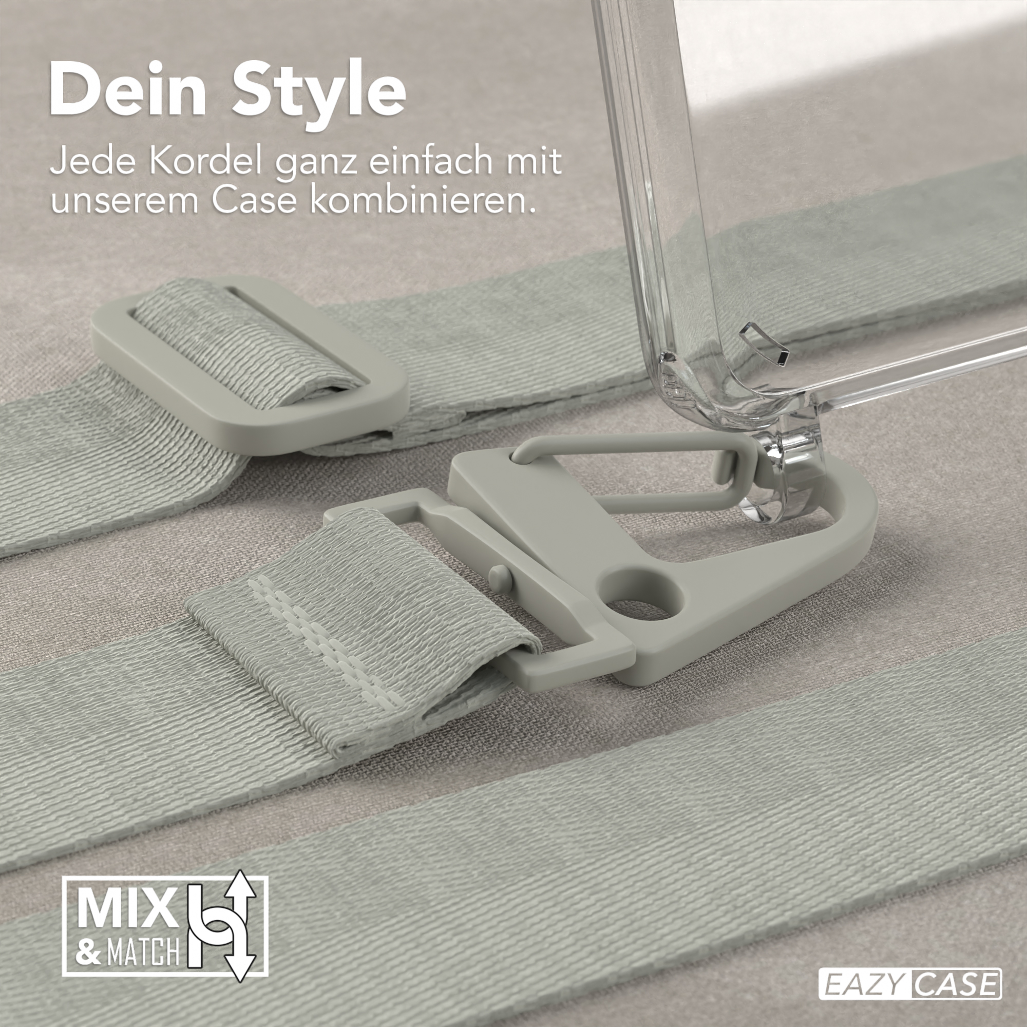 Nahaufnahme von Handyhülle, Tragegurt und Verbindungsstücken in Grau, mit dem Wort 'Mix & Match'.