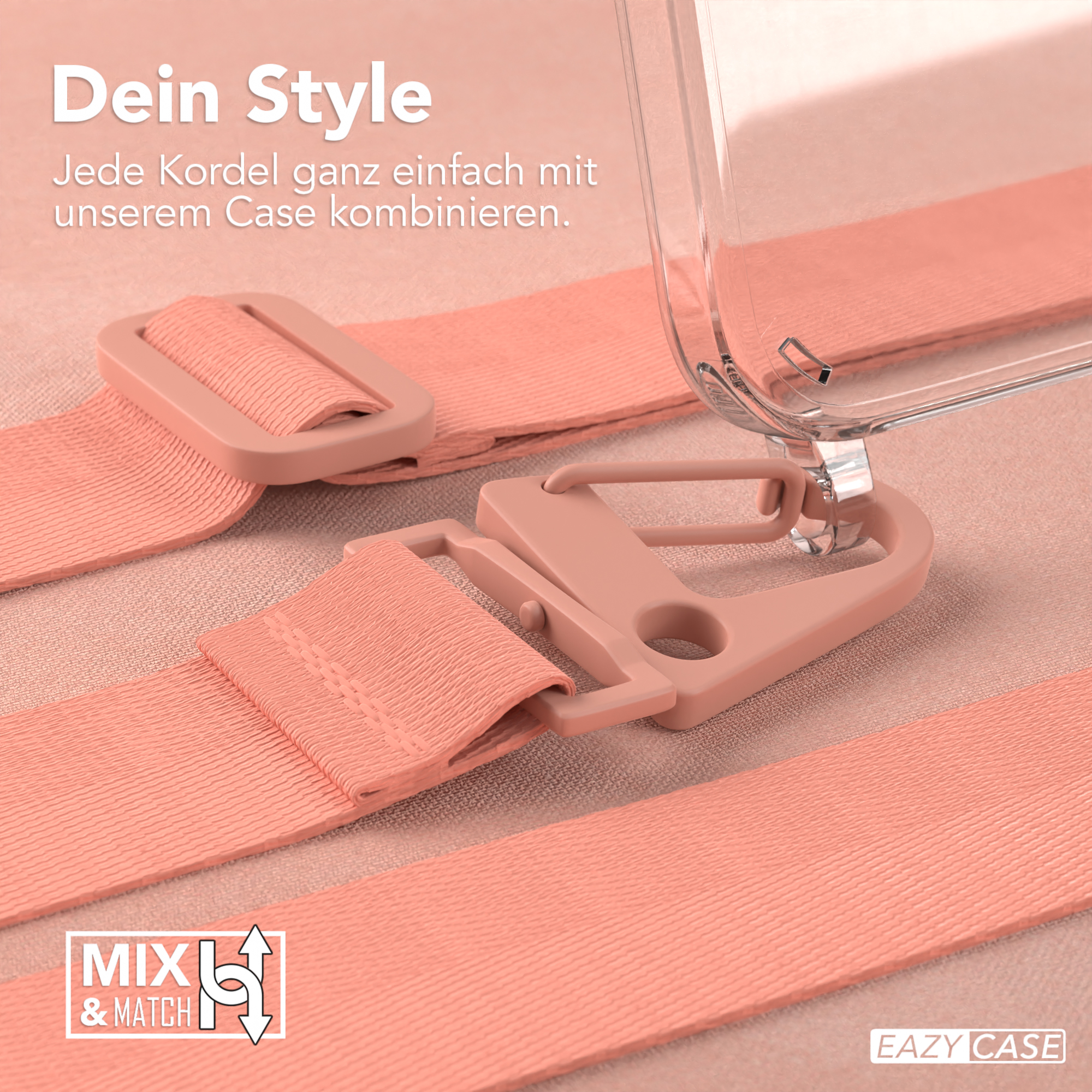 Rosa Gurte und Hülle mit Verschluss. Text lautet 'Dein Style' und 'Eazy Case'-Logo.