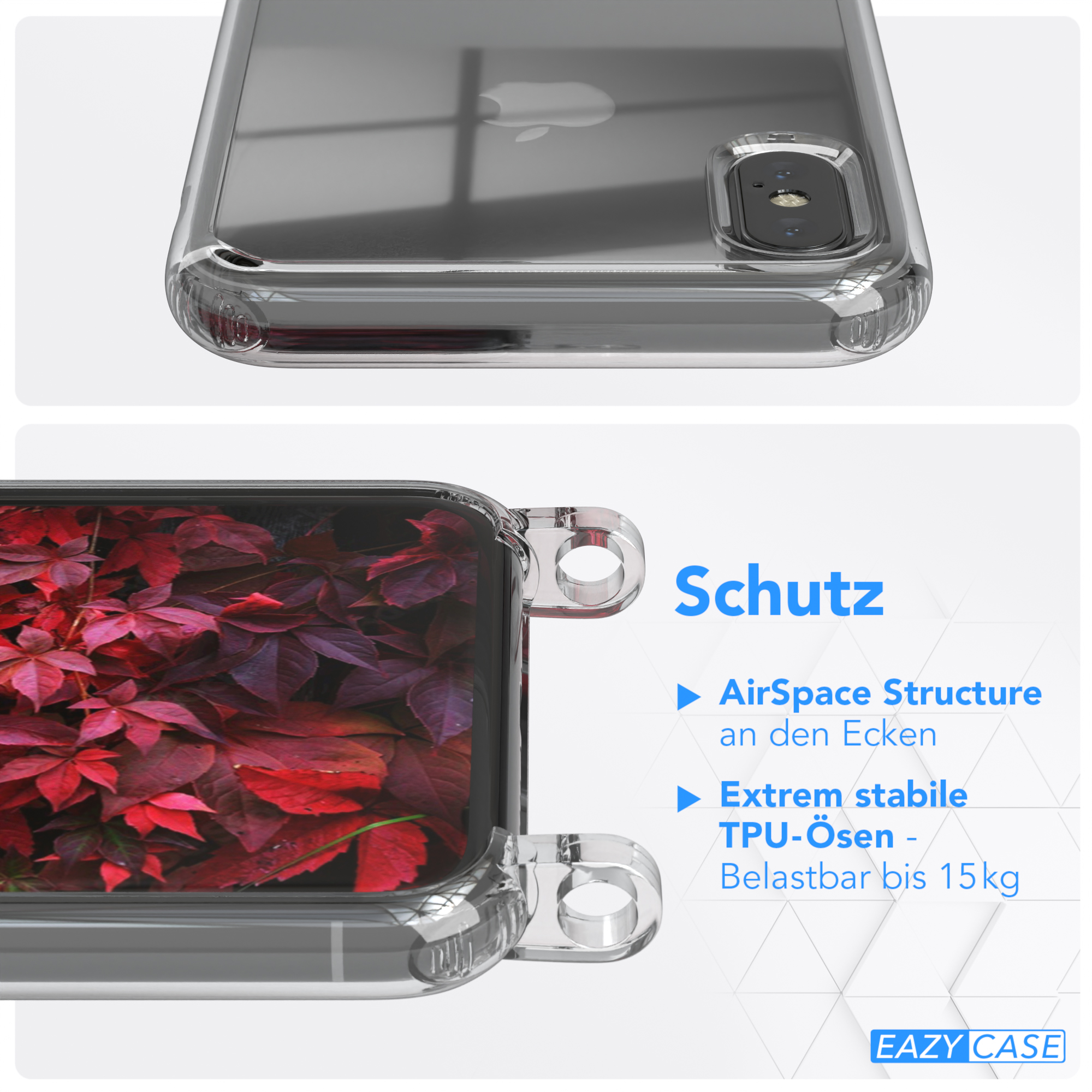 iPhone Beere / CASE / Burgundy XS, X Umhängetasche, Kordel Rot + Transparente Handyhülle Apple, EAZY breiter mit Karabiner,
