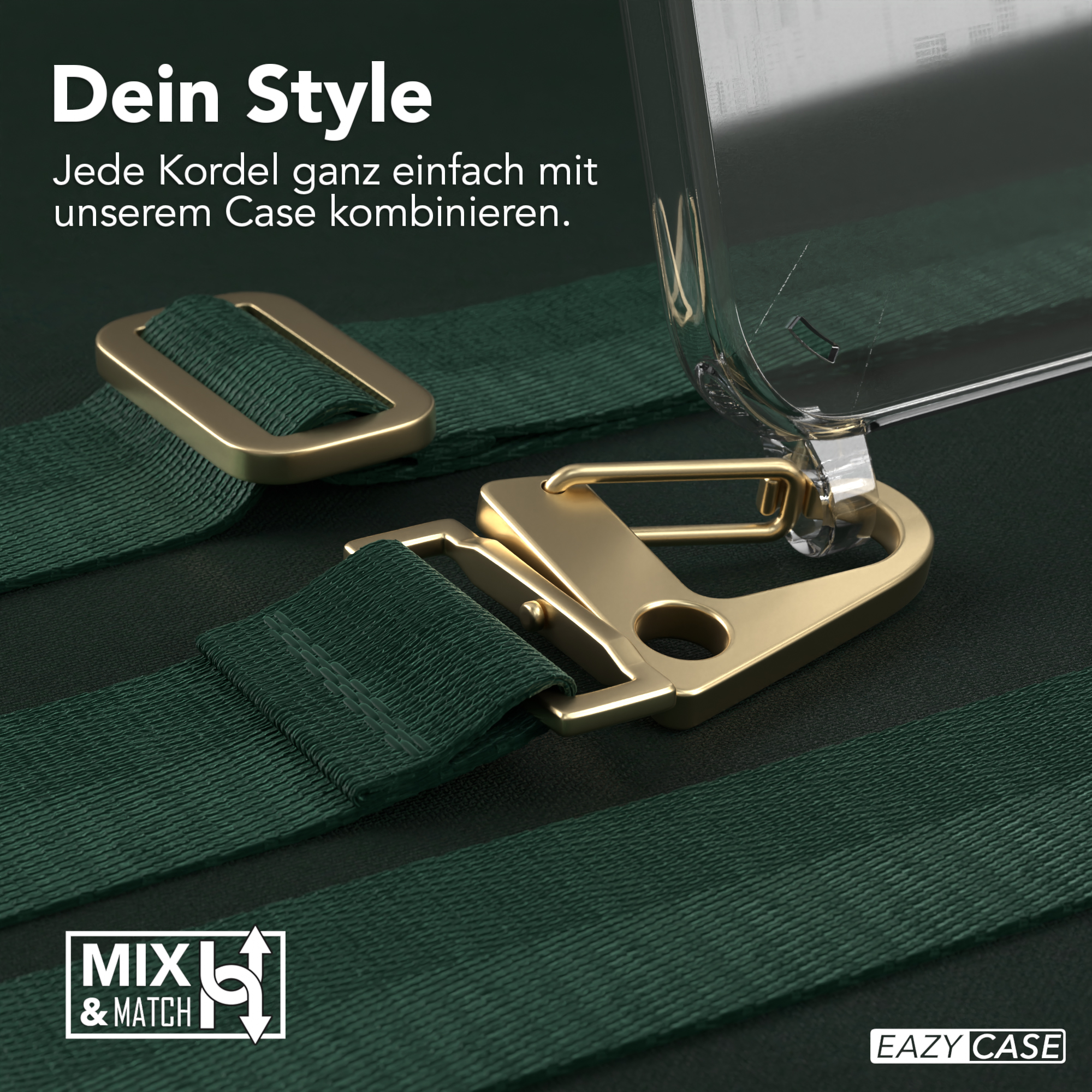 Nahaufnahme von Handytasche und -band. Das Band ist grün, die Hülle ist klar. Goldfarbene Metallbeschläge.