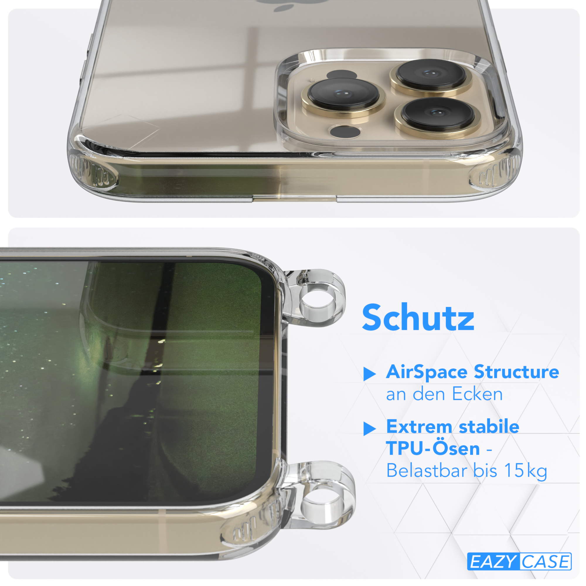 Transparente Handyhülle mit Telefon. Schützende Merkmale werden in blauem Text hervorgehoben.