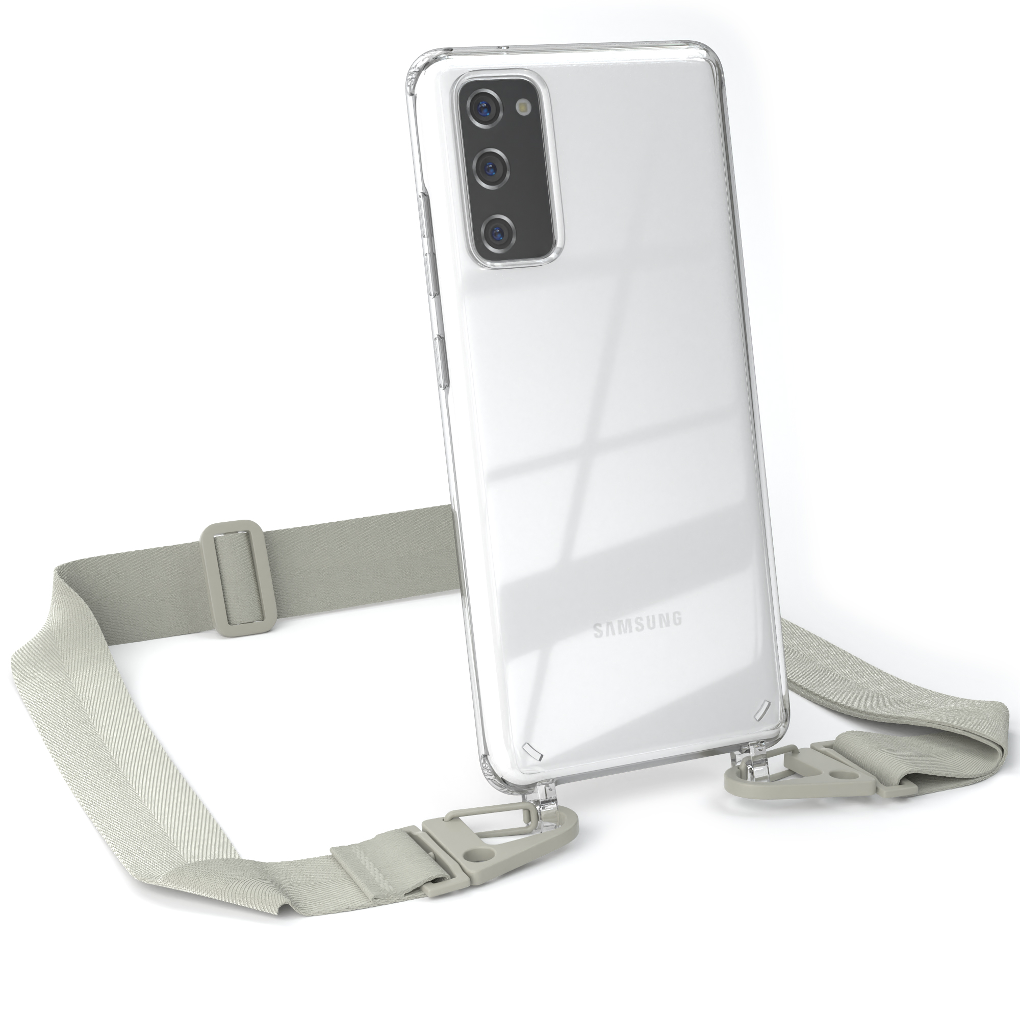 Transparente Handyhülle mit hellgrauem Riemen. Samsung-Telefon mit drei Kameras sichtbar.