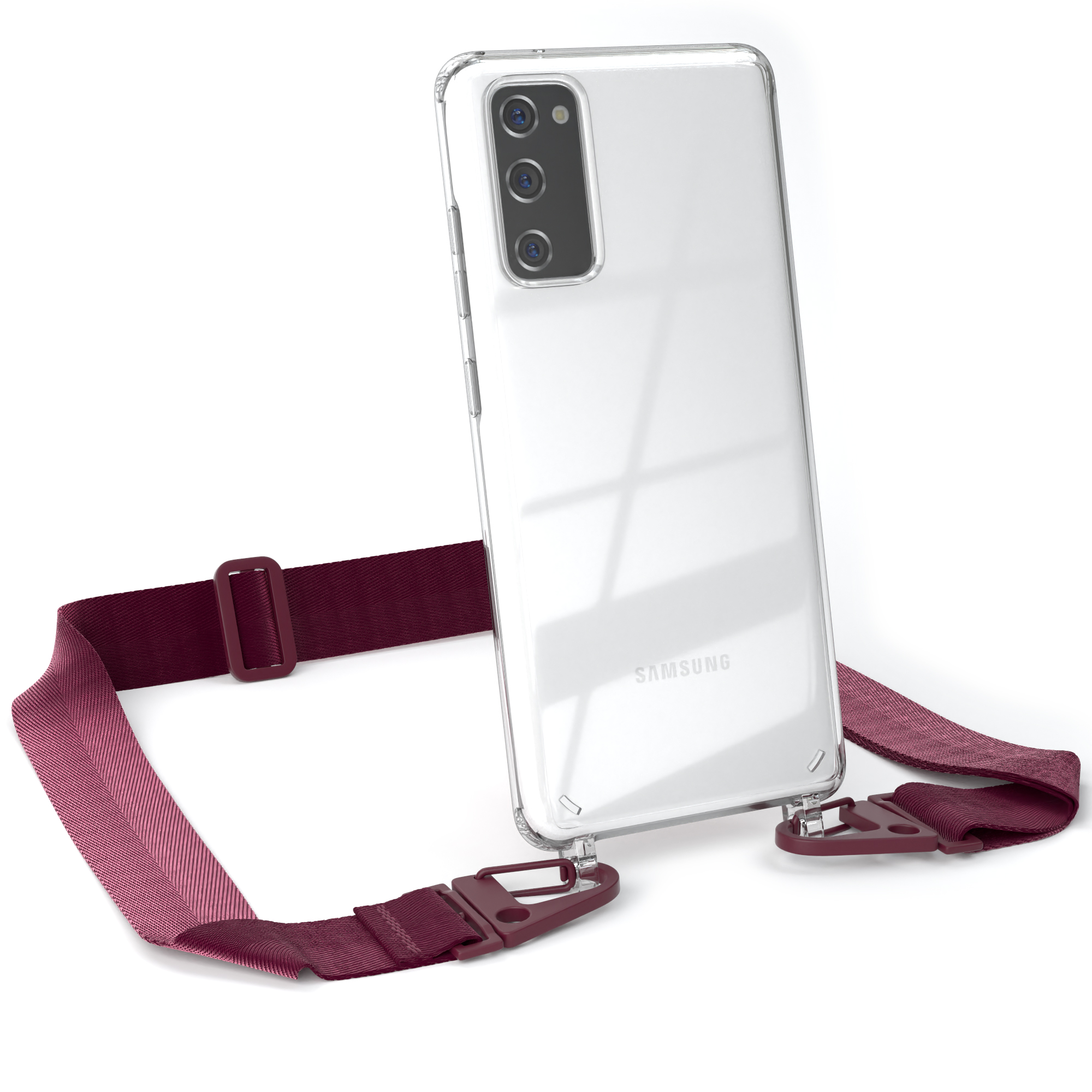 Eine transparente Handyhülle mit einem am Telefon befestigten Riemen. Der Riemen ist weinrot.
