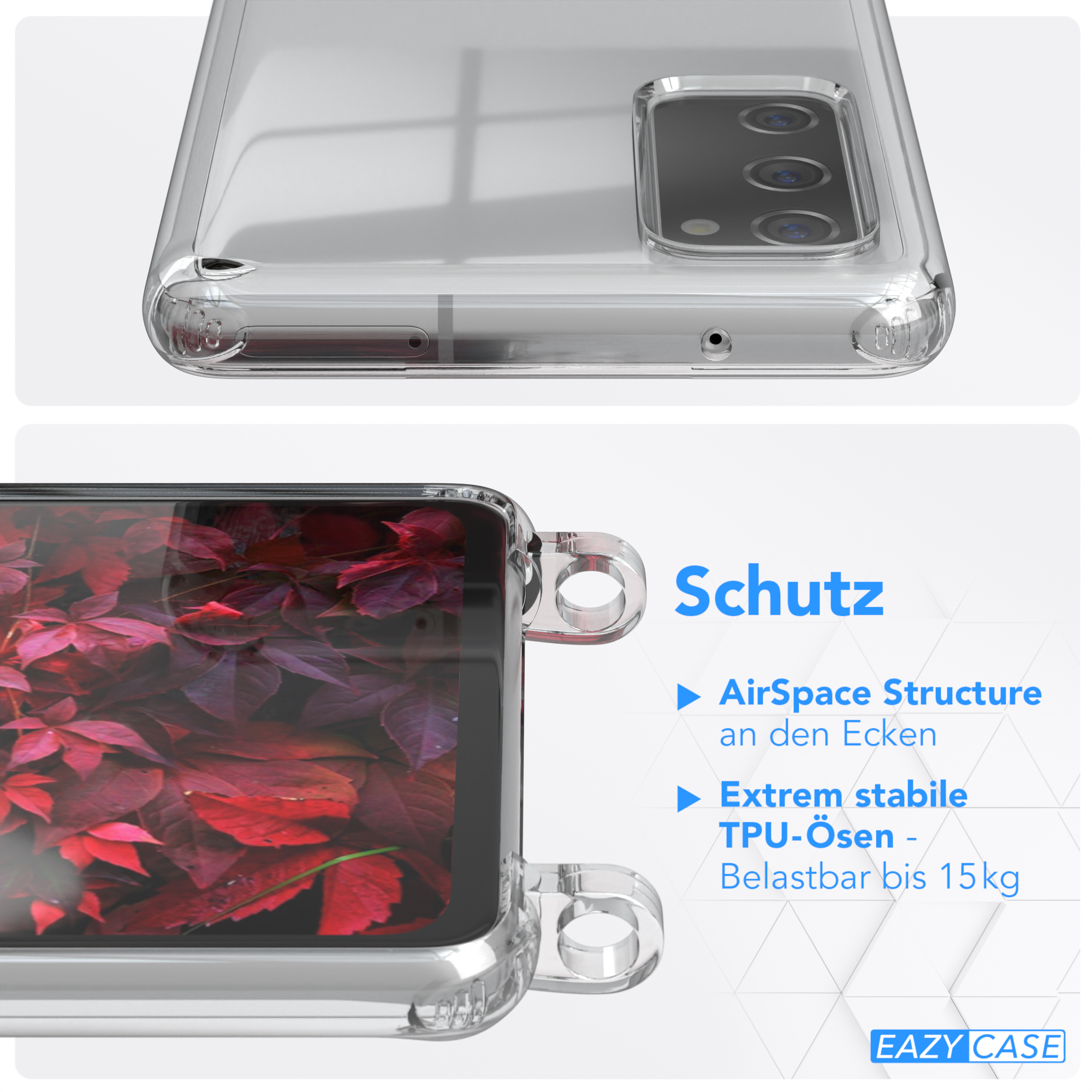 EAZY CASE Transparente Handyhülle mit Karabiner, + Beere Kordel breiter / Galaxy Burgundy Samsung, Umhängetasche, S20, Rot