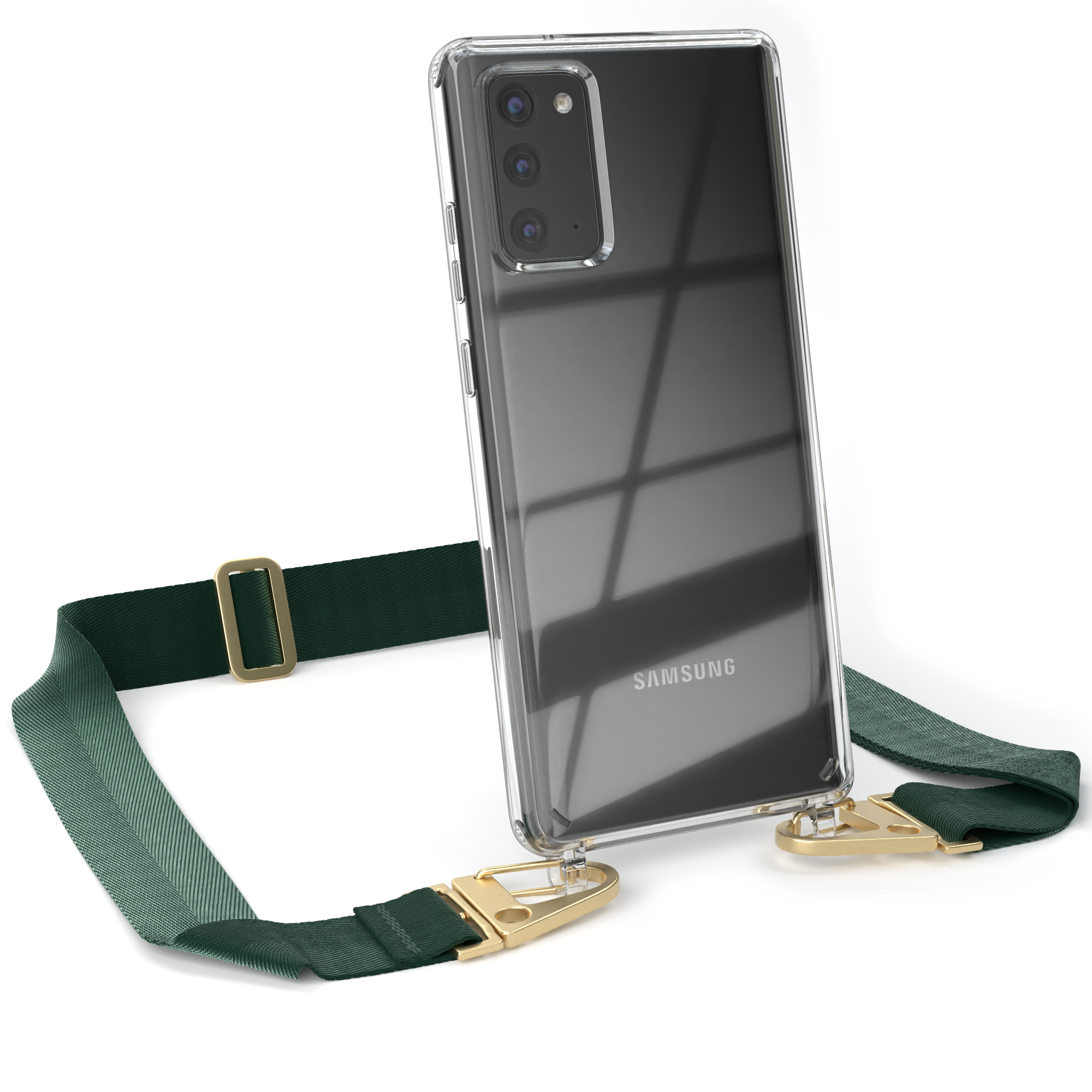 EAZY CASE Transparente Kordel 20 / + Handyhülle mit 20 Note / Gold Grün Karabiner, 5G, breiter Galaxy Samsung, Note Umhängetasche, Dunkel